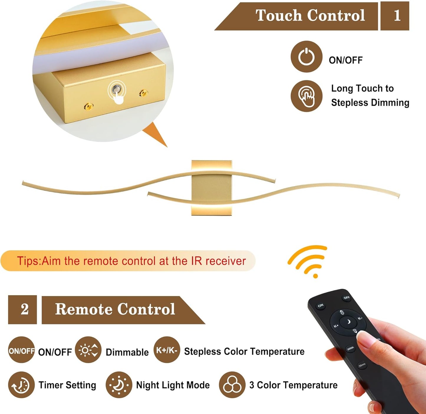 Battery Operated Wall Sconces with Remote Control, Dimmable/3 Colors/Night-Light/Timer/Memory, Gold Modern Wireless LED Sconce for Living Room, Hallway, Bedroom, 39.3 Inch (1 Pack)