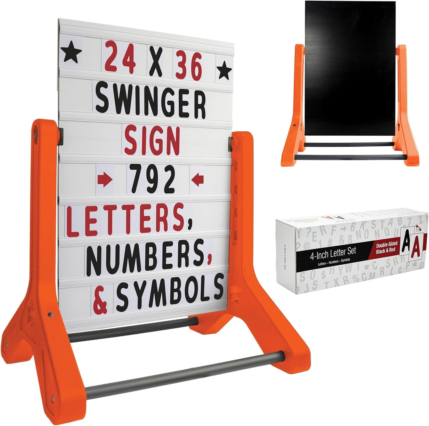 Swinging Changeable Message Sidewalk Sign: 24" x 36" Sign with 792 Pre-Cut Double Sided Letters and Storage Box. Includes Black Board & Letter Board (Orange Color Legs)