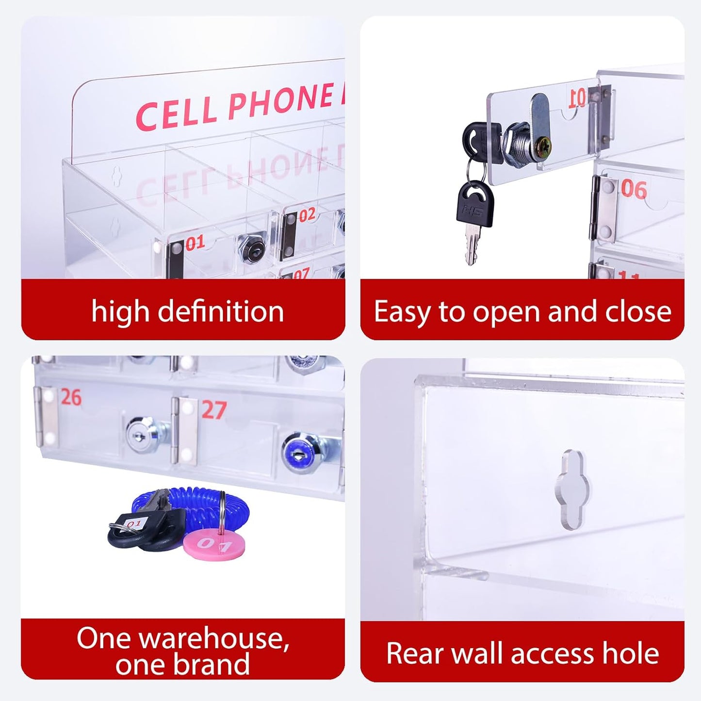 30 Slots Clear Cell Phone Locker,Acrylic Cell Phone Organizer Phones Storage Cabinet Wall Mounted with Door Locks Keys for Factory Office School 12.9X20.6X7.2inch