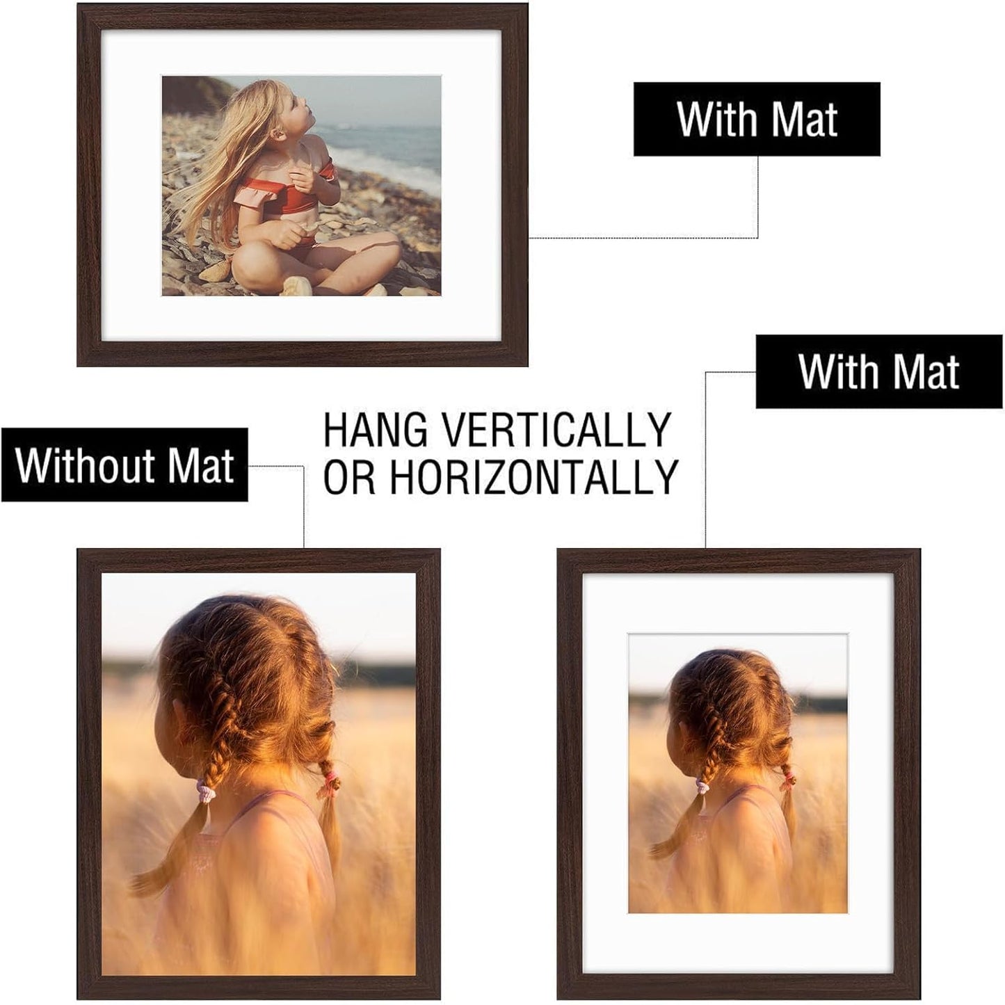 Golden State Art, 11x14 Picture Frame with Mat for 8x10 - High Definition Glass Wall Mounting Horizontal Vertical Display (Brown, 1 Pack)