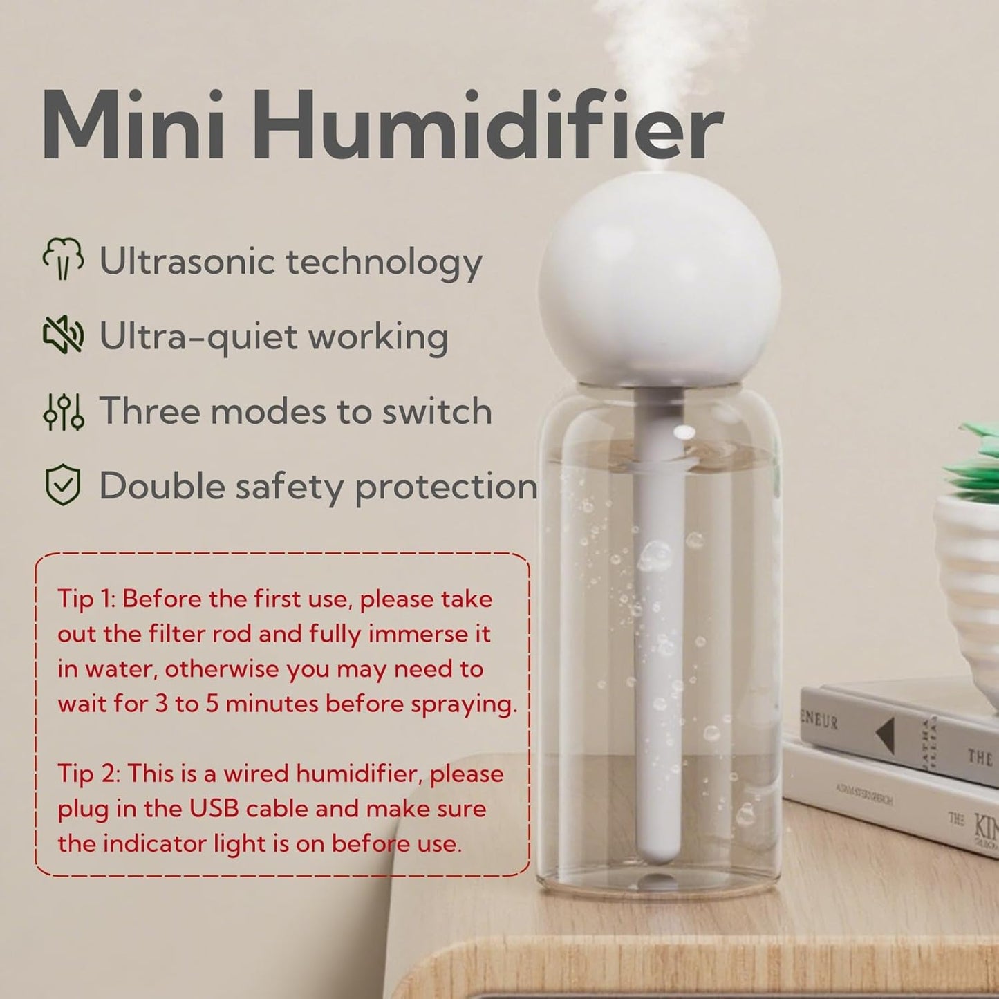 Portable Small Humidifier Dual Nozzle - Large Cool Mist Humidifiers Double Spray Ports, Water Shortage Protection, Ultra-Quiet, Mini Humidifier for Bedroom Plants Office Car Travel (P06)