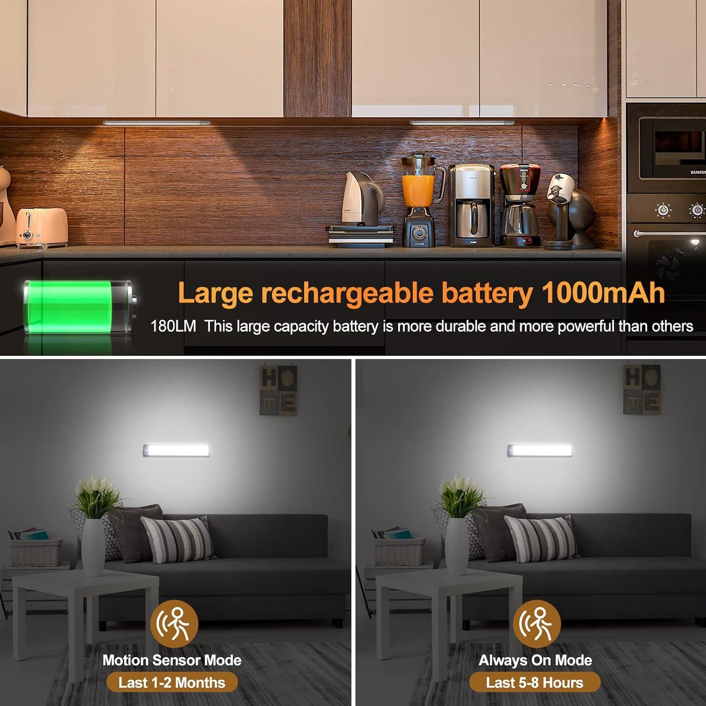 2 Pack Rechargeable Under Cabinet Lights with Motion Sensor - 30 LED 10 Inch, Wireless USB-C Magnetic for Kitchen, Bedroom, Wardrobe Closet Lighting