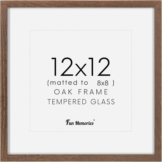 Square 12x12 Picture Frame, Oak Wood Frame 12 by 12, 12"x12" Photo Frames for Wall, 12 x 12 Picture Frame with Mat for 8 x 8, 12x12 Collage Wall Gallery Frame, Tempered Glass - Walnut Color, 1 Pack