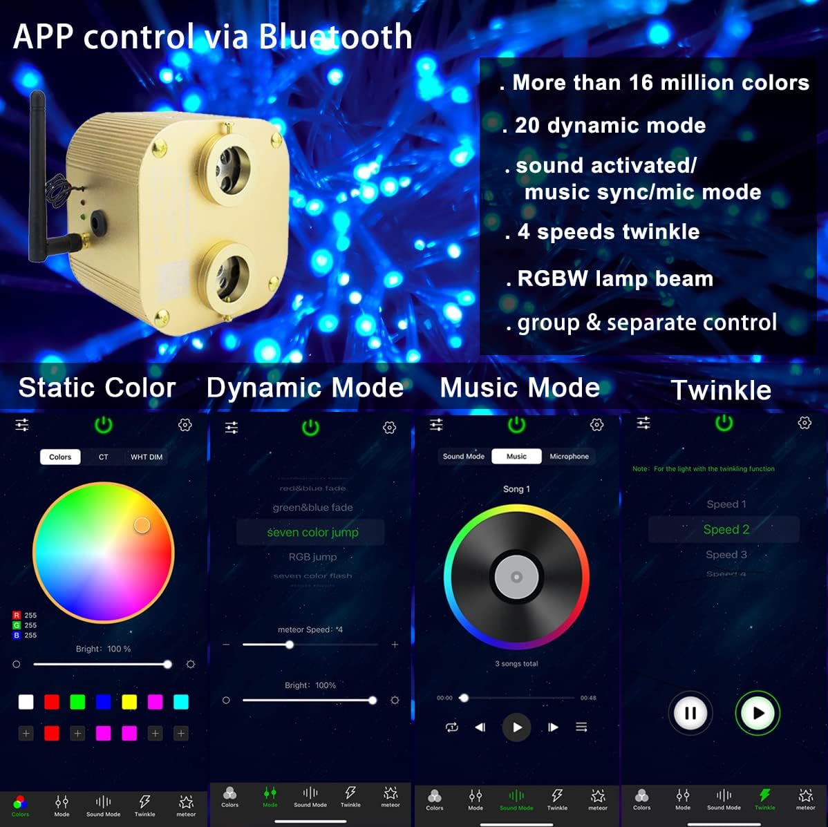 AZIMOM Dual Port 20W Twinkle Fiber Optic Starlight Box Sound Activated RGBW Fiber Optic Light Source APP/Remote Control Dual Head Light Engine Driver for Car Home Ceiling Star Lighting Decor