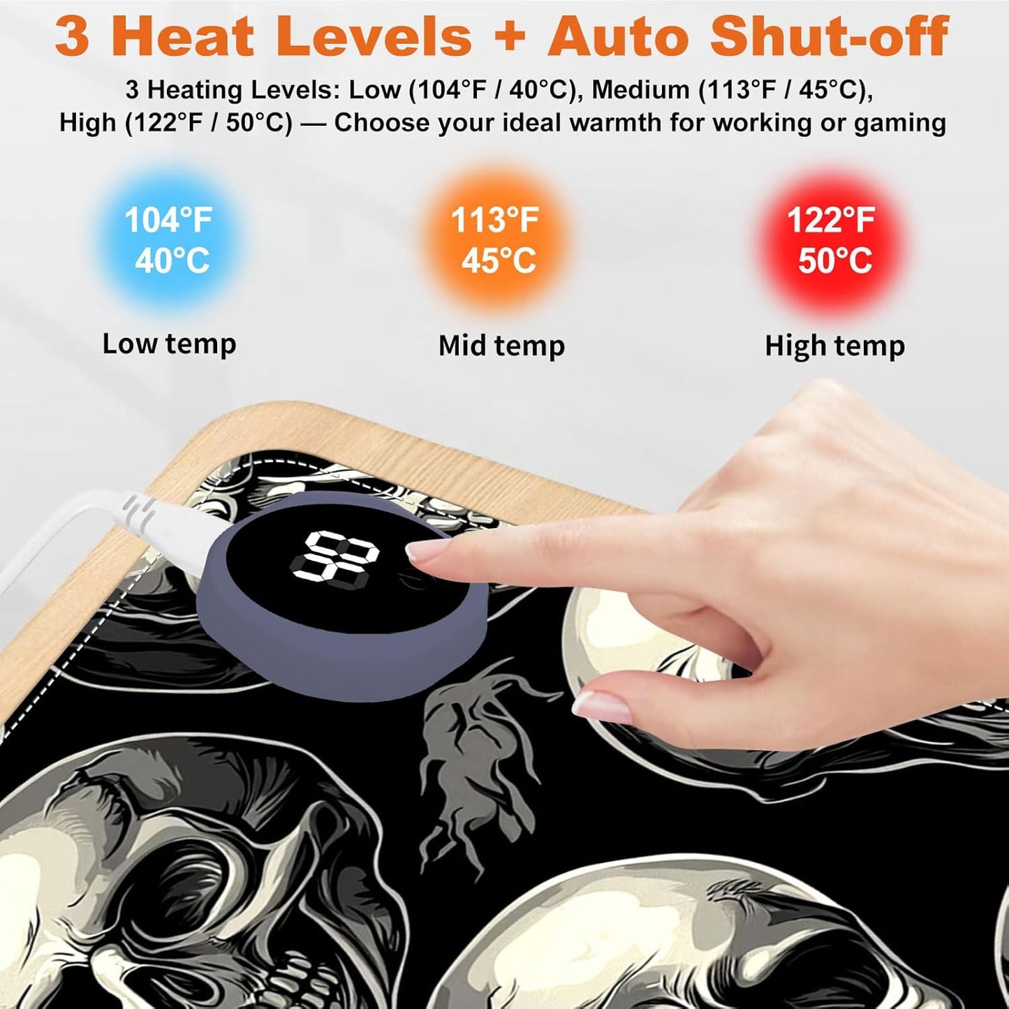 Small Heated Desk Pad 23.6" x 14.2" – Compact Electric Mouse Pad with 3 Heating Levels, Auto Shut-Off, Waterproof PU Surface, Plug-in Warmer for Office or Home Use, Skull Pattern