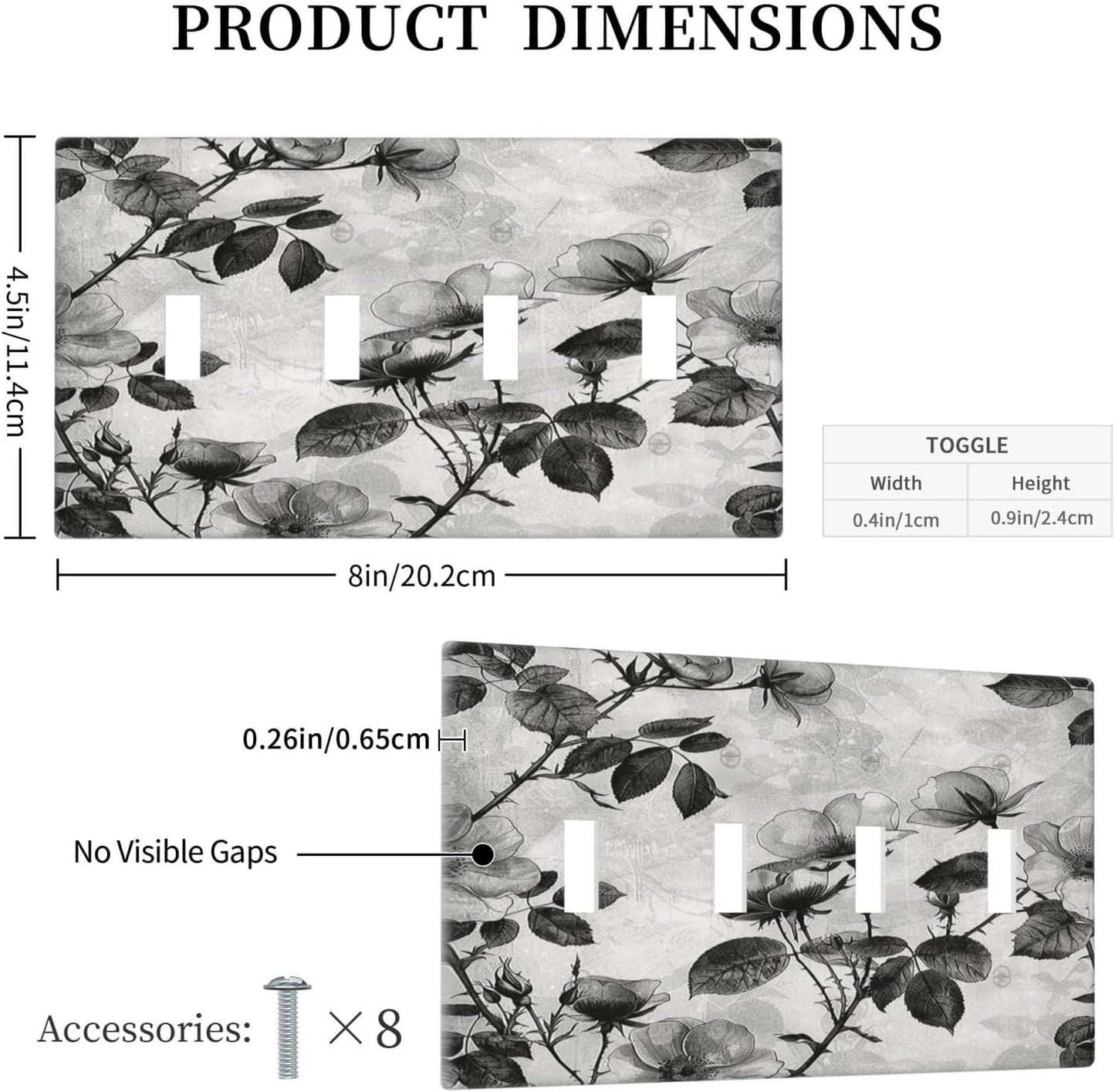 Light Switch Covers Black Breezy Watercolor Garden Floral Quad Toggle Electrical Faceplate 4 Gang Wall Plate Decorative Switch Plates for Bedroom Home Decor