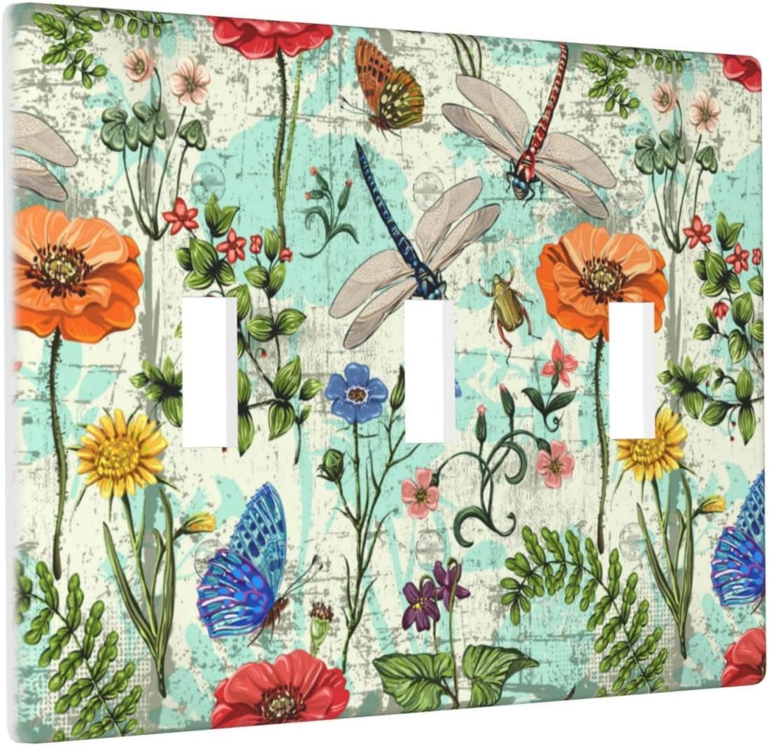 Dragonflies Flowers Butterfly 3 Gang Triple Toggle Outlet Light Switch Cover Decorative Wall Plate Cover For Home Living Bedroom Kitchen Decorative