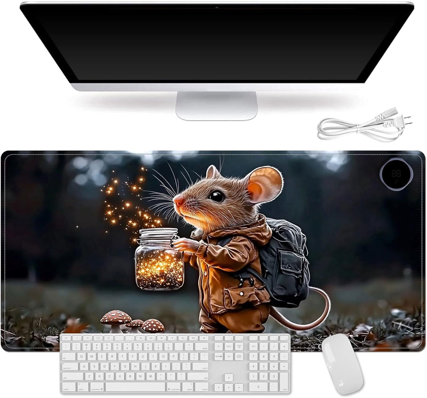 Heated Mouse Pad for Desk 31.5" x 13" – PU Leather Warm Desk Pad with 3 Heat Levels (104°F/113°F/122°F), Plug-in Electric Heating Mat with Auto Shut-Off, Waterproof & Rollable, Mouse with Lantern
