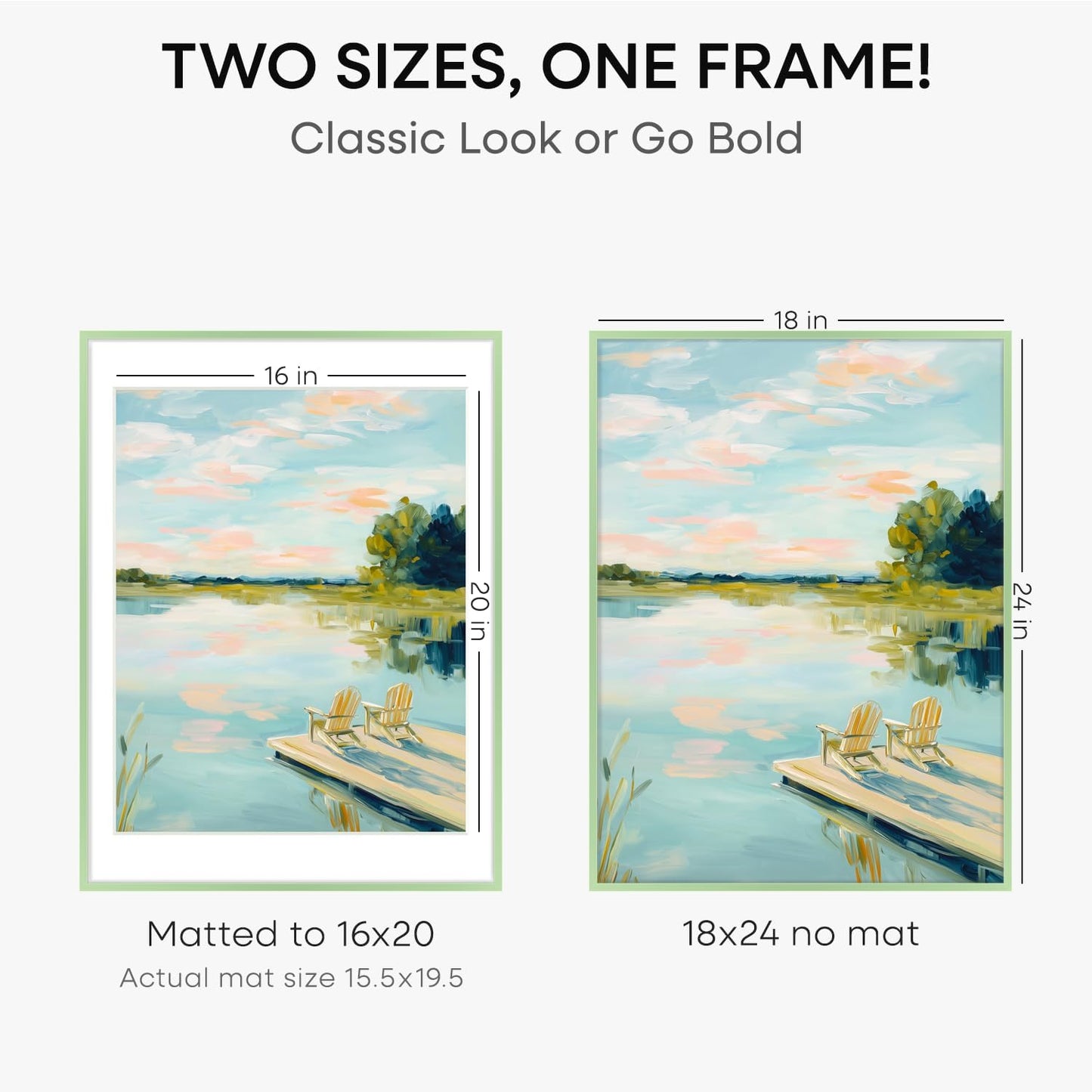 Homeforia 18x24 Frame Sage Green, High End Metal 18x24 Poster Frames with Mat 16x20 inch Photo, 18 x 24 Sage Green Picture Frame Matted to 16 by 20 Art, 24x18 Frame, Tempered Glass, Wall Kit, Set of 2