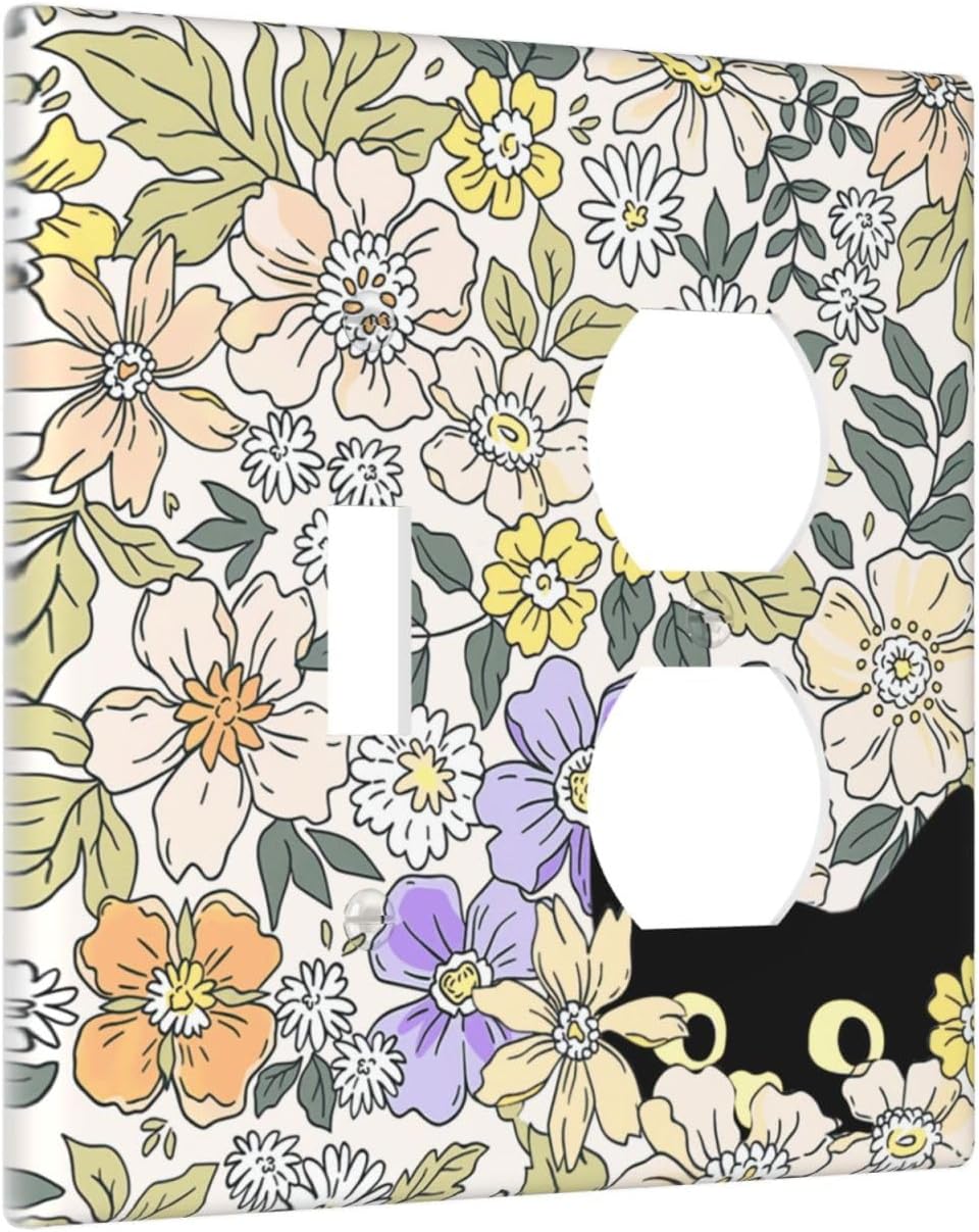 Decorative Outlet Covers Cute Black Cat in a Flower Patch Botanical Garden 2 Gang Wall Plate Single Toggle Duplex Combo Light Switch Covers Switch Plate Cover for Bedroom Home Decor