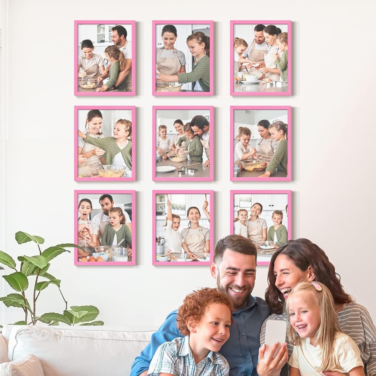 Renditions Gallery Set of 9, 8X10 Custom Photo Prints with Real Wood Picture Frames. Create Personalized Photos with Peel & Stick Photo Frames. Pink Frame