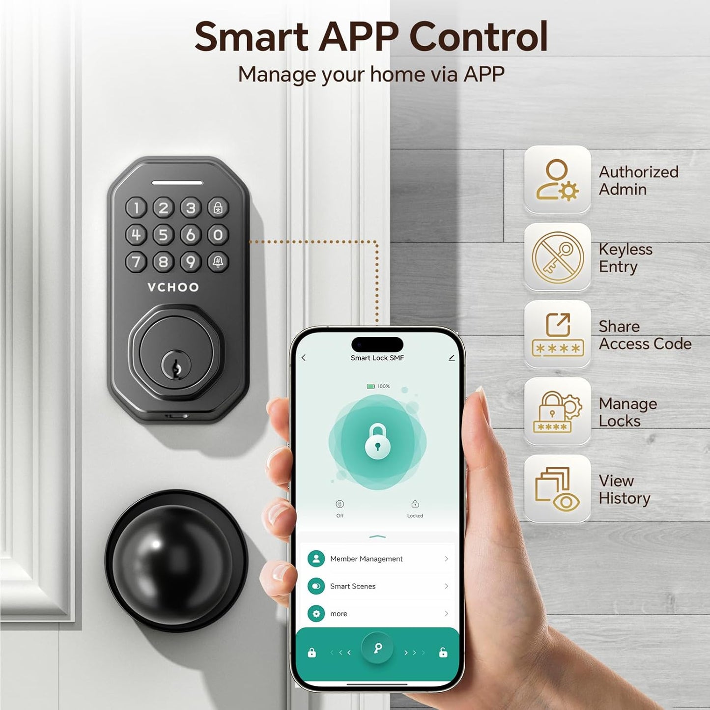 Keyless Entry Door Lock with Handle, App Control Door Locks for Front Door, Auto Lock Keypad Door Lock with Handle, Smart Door Lock for Home Hotel Bedroom with 2 Door Knobs