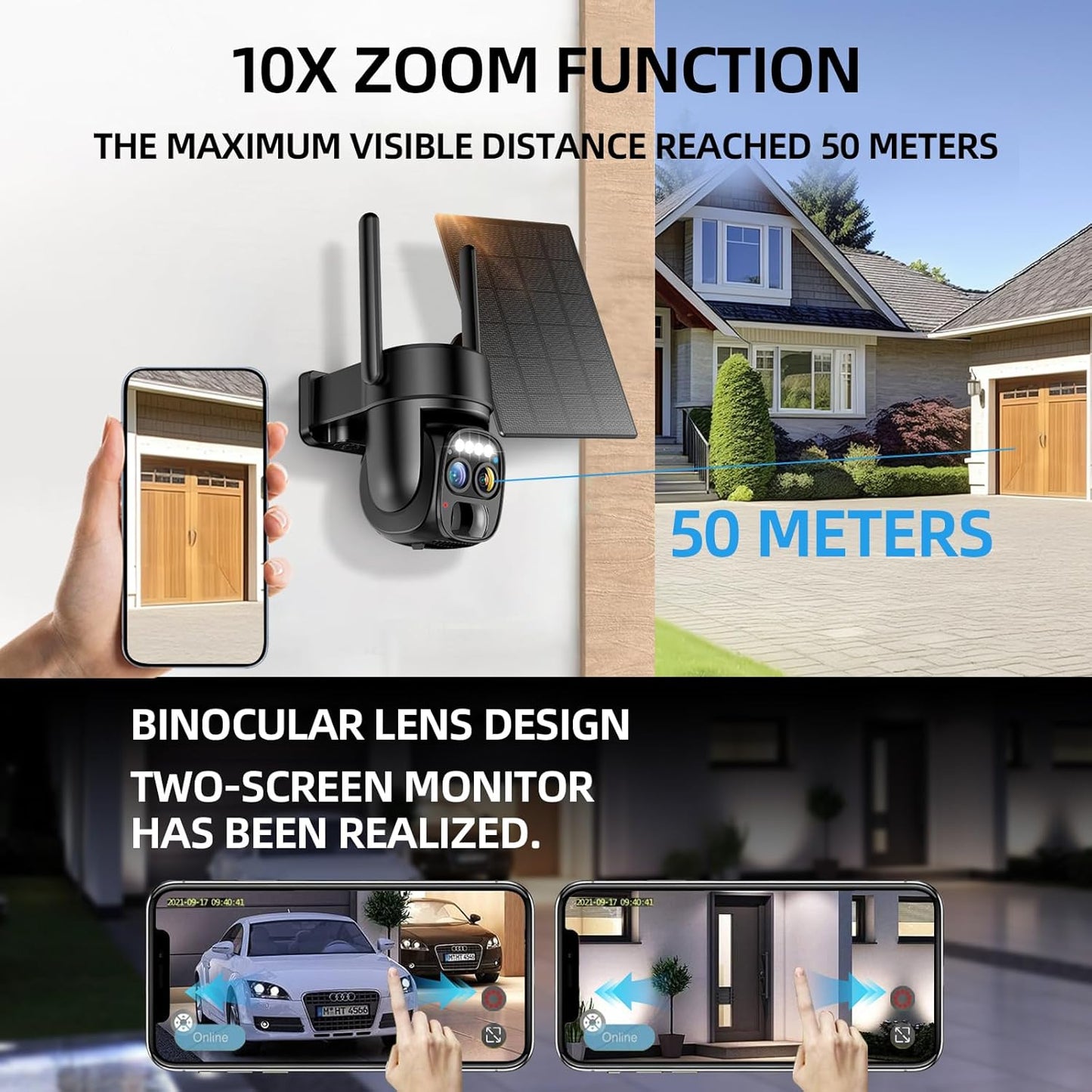 Hawkray Pannel Solar Wireless Outdoor Security Camera， Dual-Lens, 10xZoom, 2K Resolution 3MP 360°Pan/Tilt，2.4&5G WiFi Battery Powered Camera with Spotlight Alarm PIR Motion Detection