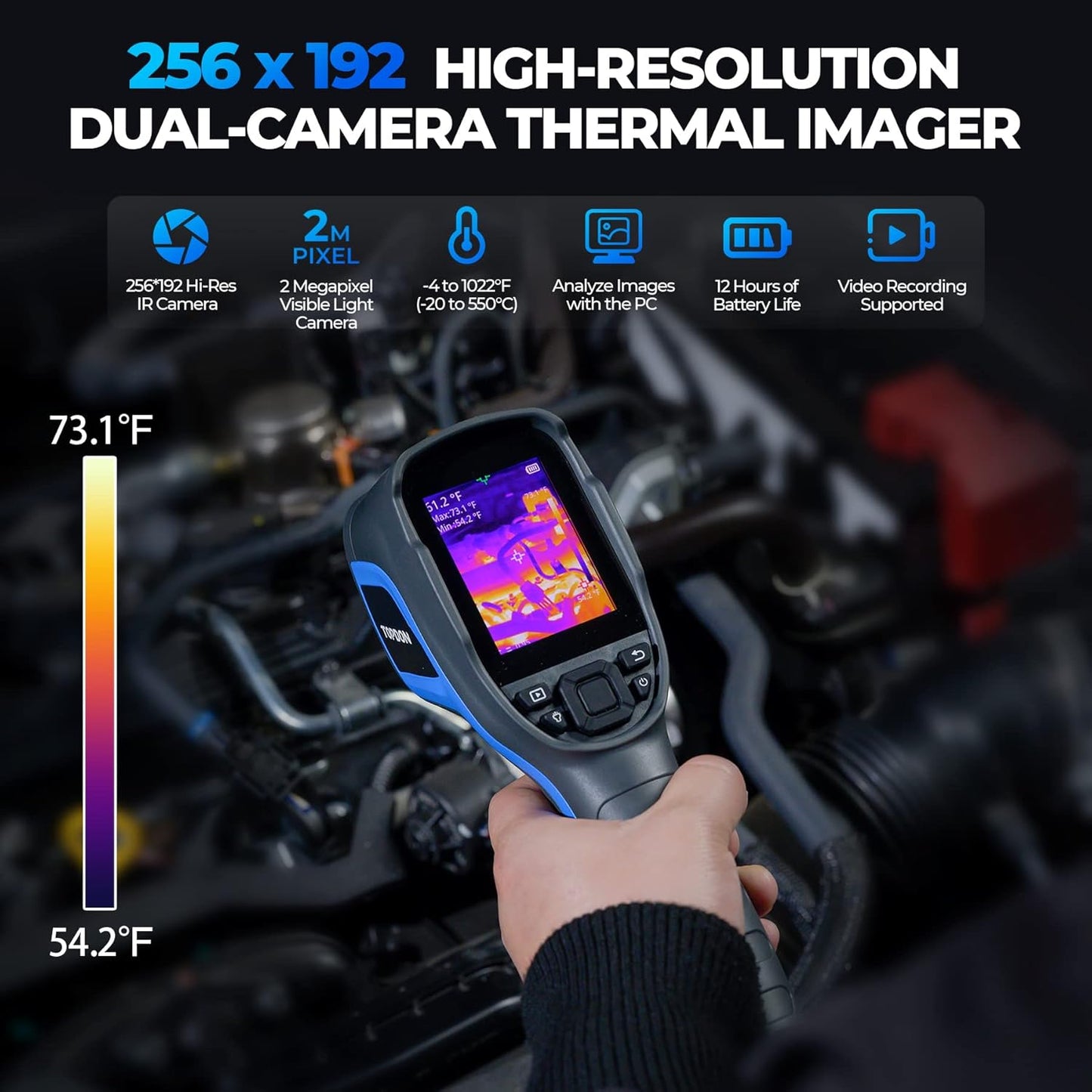 TOPDON TC005 256 x 192 IR High Resolution Dual-Camera Thermal Imaging Camera with 12-Hour Battery Life and 2MP Visual Light Camera, -4°F~1022°F Handheld Infrared Thermal Imager with PC 2D/3D Analysis