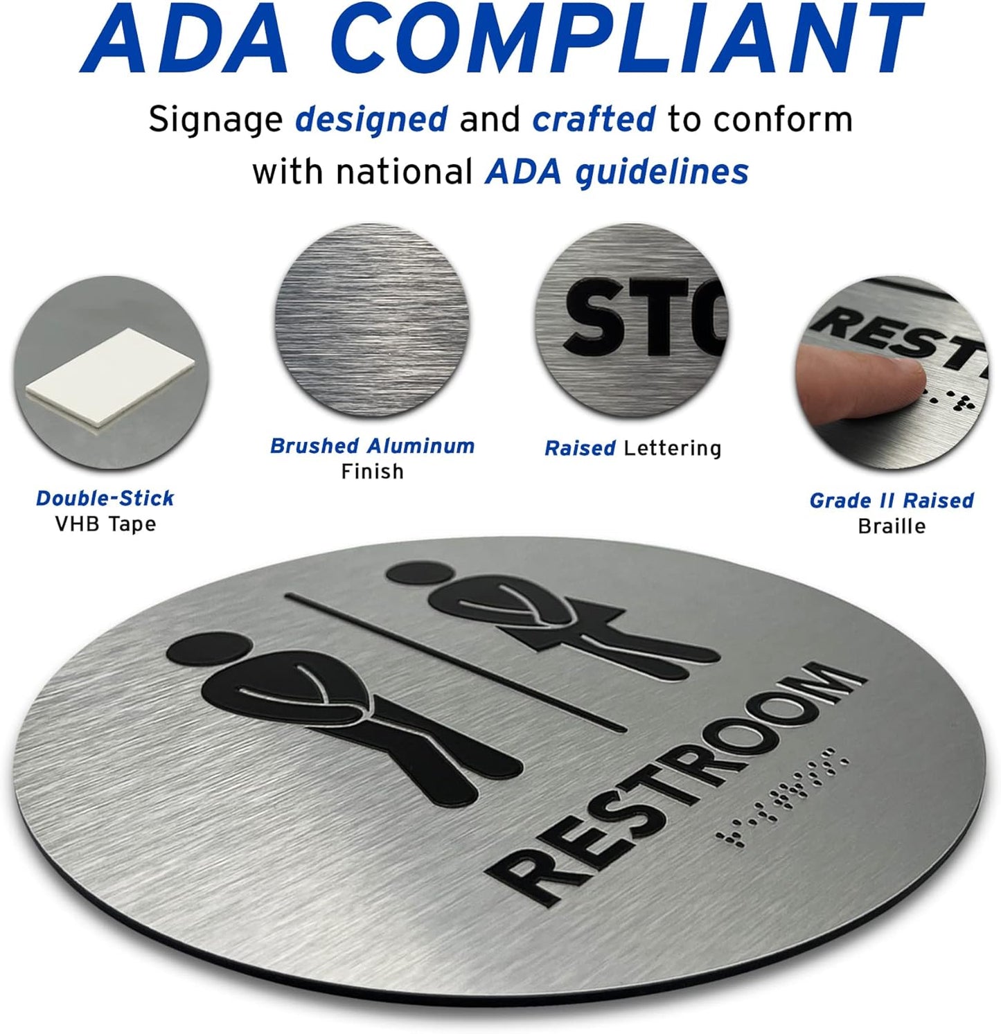 Circle Unisex Boutique Bathroom Sign by GDS - Raised Icons, & Grade 2 Braille - Includes Adhesive Strips for Easy Installation - Bathroom Signs for Business, Restroom Signs for Business, Unisex Bathroom Sign - 9” Diameter (Brushed Aluminum) - Made in USA