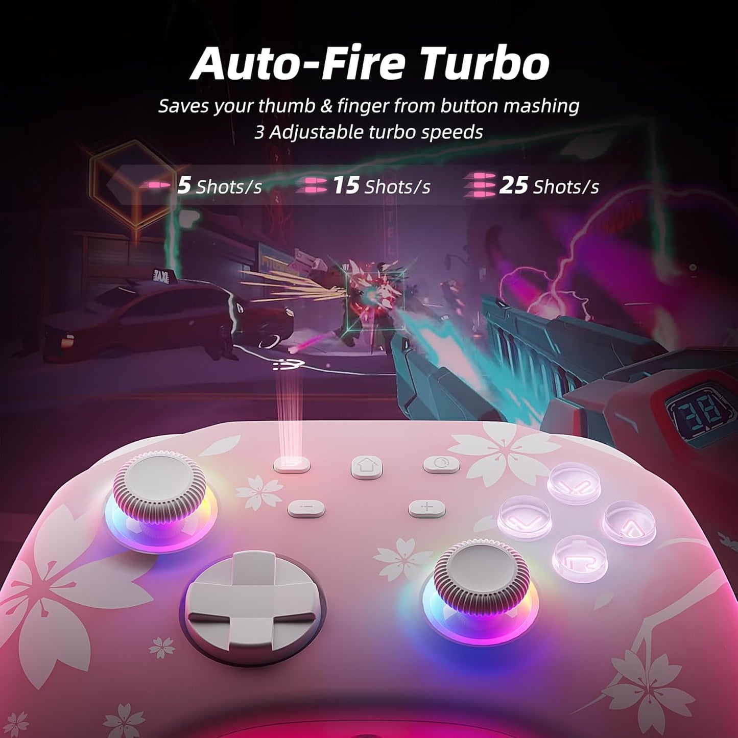 Mytrix Wireless Controllers for Switch/Switch 2, Windows PC iOS Android Steam/Steam Deck, Sakura Pink Bluetooth Controller with Programmable, Hall Effect Joysticks, Adjustable LED Light/Turbo/Vibration