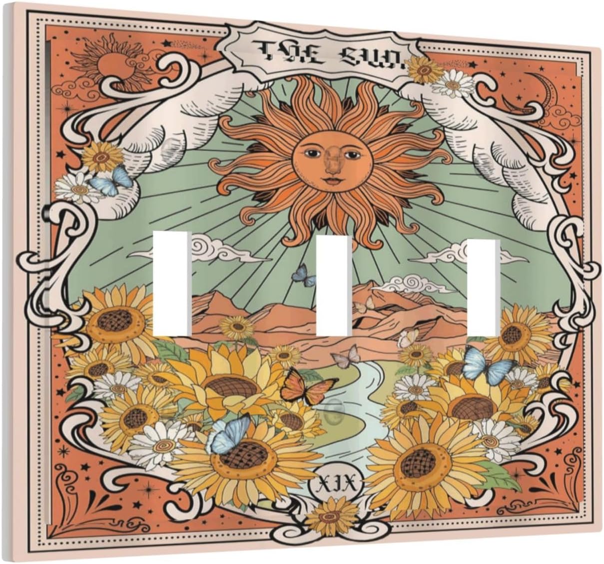 Boho Retro Sun Sunflower Vintage Flower Butterfly Decorative Switch Plates 3 Gang Wall Plate Triple Toggle Light Switch Cover Faceplate Electrical Wall Panels for Farmhouse Home Decor