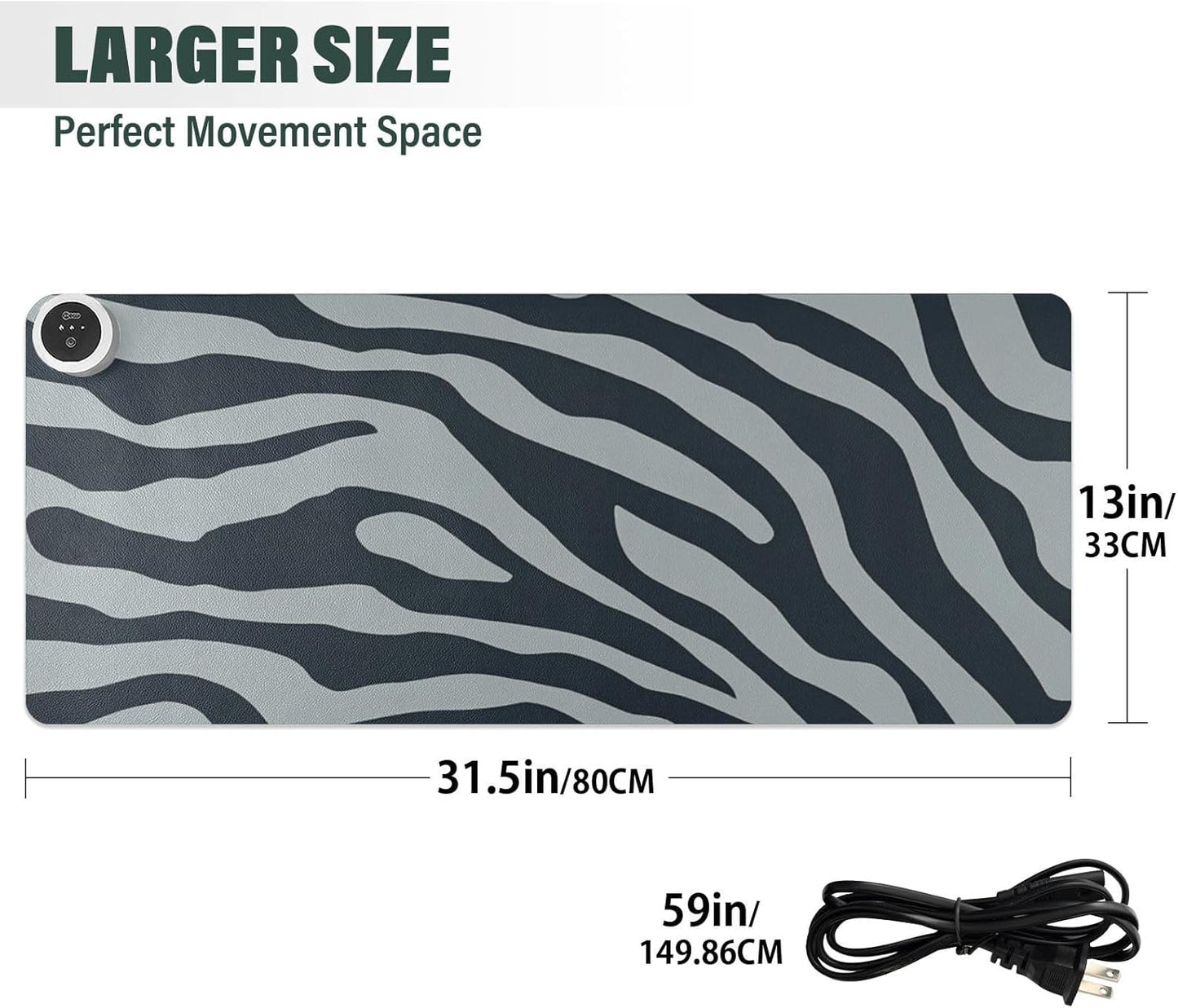 Heated Desk Pad Mouse Pad 31.5x13 Inch PU Leather Desk Mat with 3 Heat Levels Large Mouse Gaming Computer Laptop Mat Grey Zebra Print