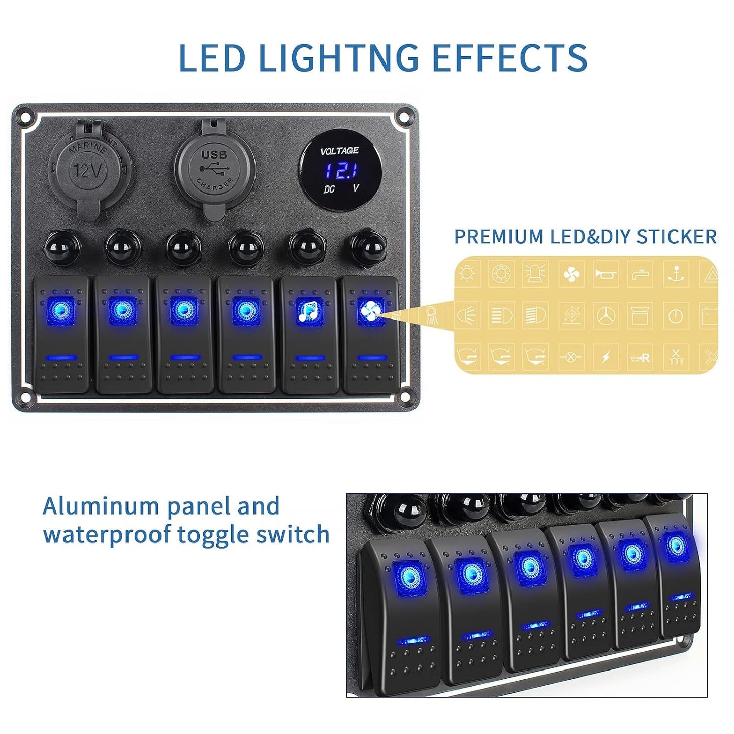 Marine Boat Rocker Switch Panel,Waterproof 6 Gang Multi-Function Toggle Light Switch Panel with Dual USB and Voltmeter Panel for RVs, Cars, Boats, Trucks,Trailers - 12-24V Blue
