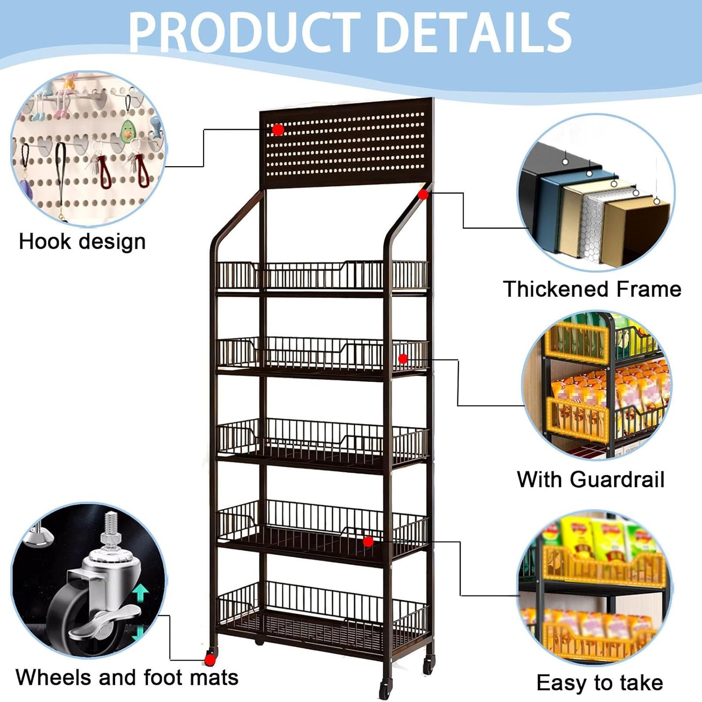 5-Tier Retail Display Rack, Metal Snack Display Stand with Wheels and Hooks, Multi-Functional Shelf, Easy to Assemble, Suitable Storage Rack for Home, Supermarket, Drugstore (5-Tier, White)