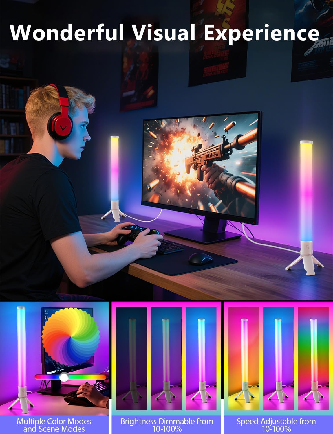 DAYBETTER RGB Light Bar, 360° Smart LED Light Bars for Room, Music Sync Gaming Lights, App & Remote Control Led Lights for TV Backlight, Desk Ambient Lighting for Game Room, Black