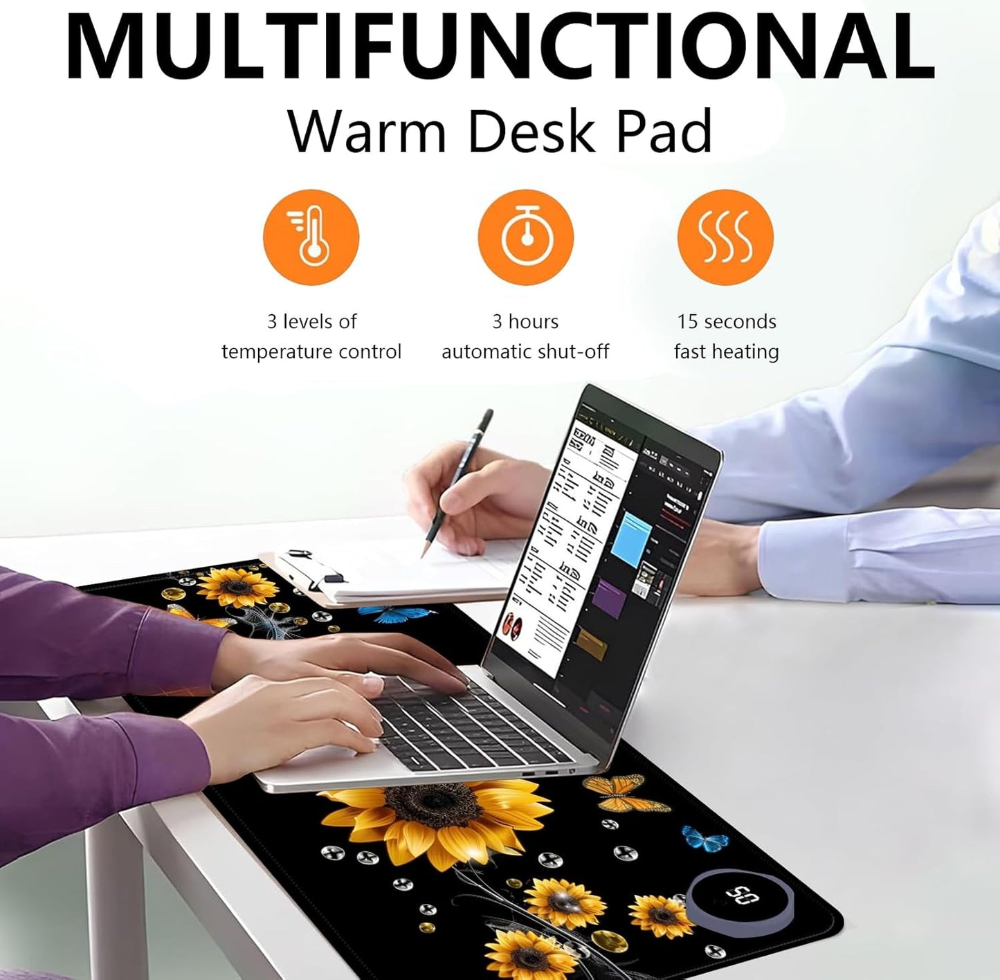 Heated Mouse Pad with 3 Levels Heated & 3 Hours Auto Shut-Off Mouse Pad for Warming Hands in Office Home, 31.5" x 13"Large Safe Desk Mat Hand Warmer，A River of Flowers