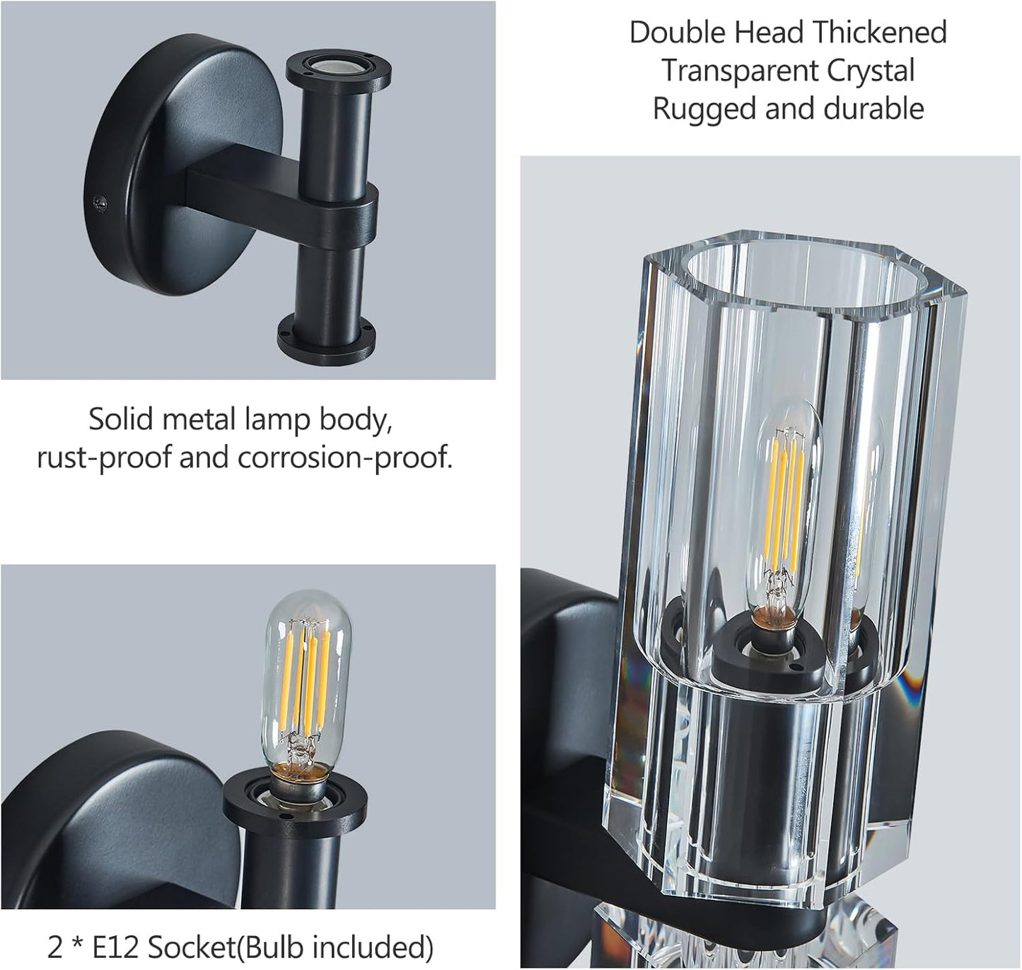 Modern Black Wall Sconces Set of Two Bedroom Crystal Wall Sconces Indoor Sconces Wall Lighting Living Room Sconces with K9 Crystal Lampshade for Bathroom Hallway Entryway Stairway