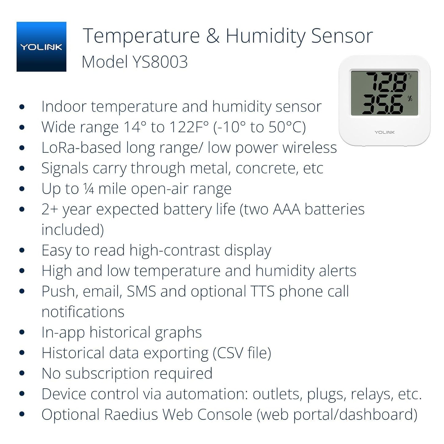 YoLink Smart Wireless Temperature & Humidity Sensor, Wide Temp Range for Fridge, Green House, Pet Cage, App Alerts, Emails, Text/SMS alerts- Hub Required