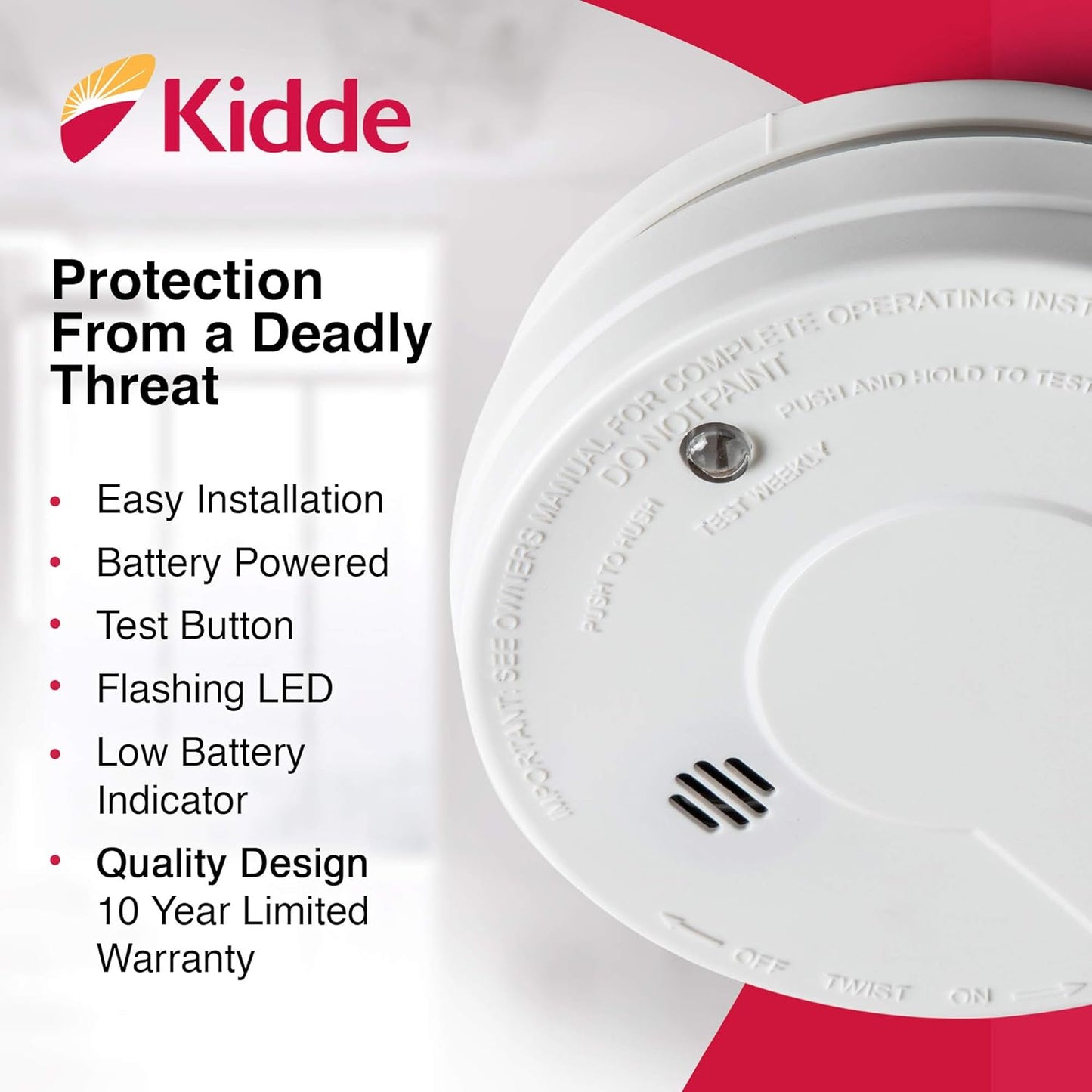 Kidde Smoke Detector, 9-Volt Battery Operated, Photoelectric Smoke Alarm, Battery Included