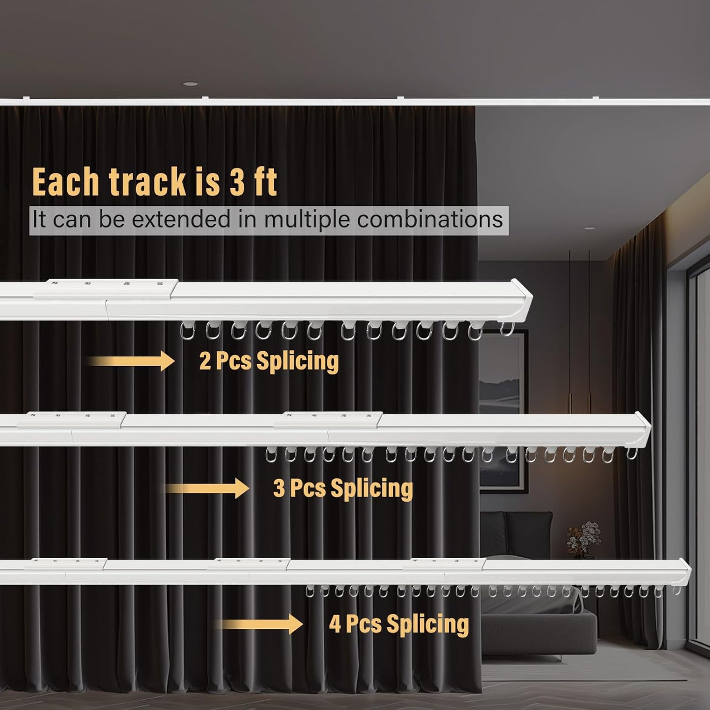 Ceiling Curtain Tracks,Curtain Track Wall Mount,Track Curtains Rod Ceilings Mount Heavy Duty Ceiling Tracks for Curtains Room Divider Rod with Hooks,White 3-6ft