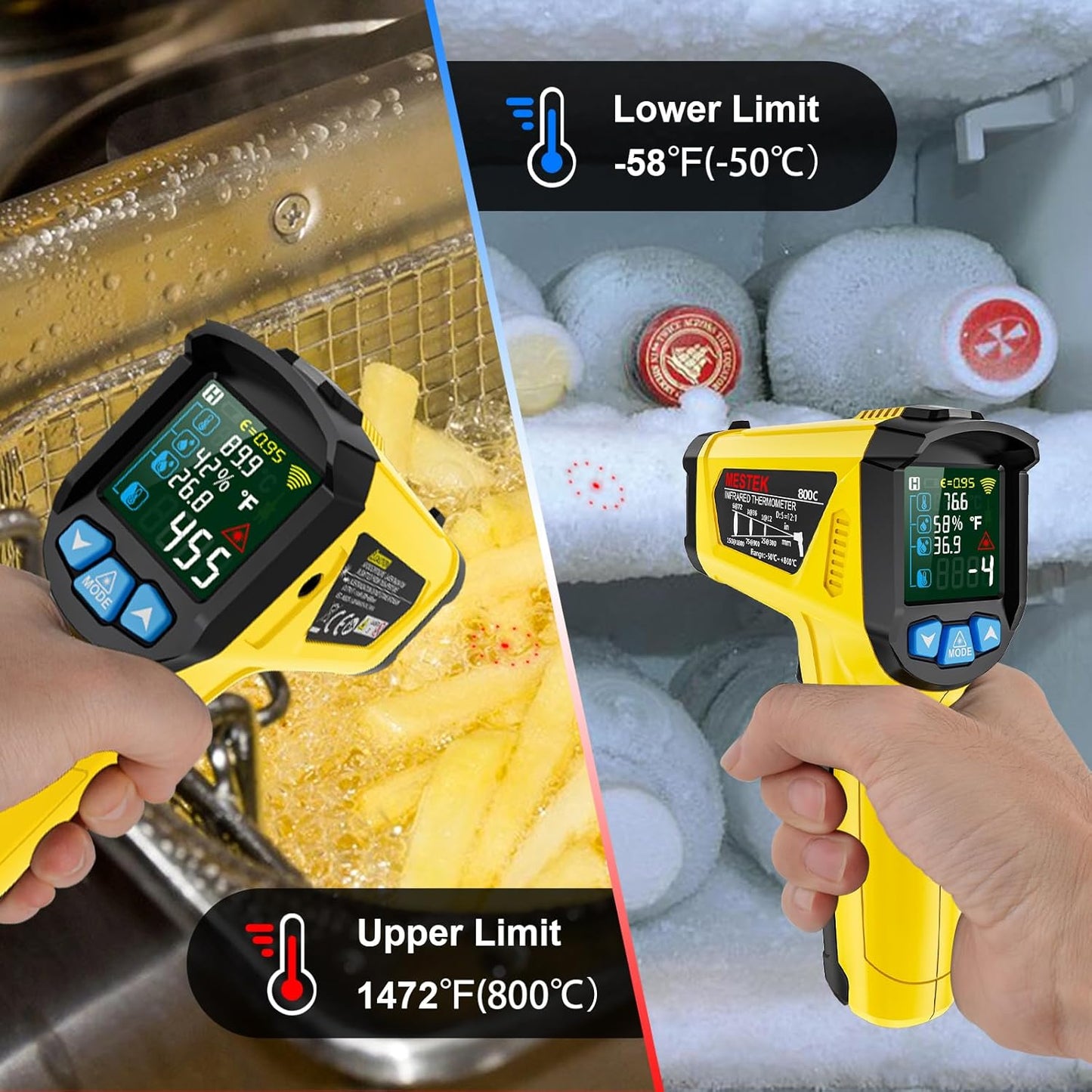 MESTEK Infrared Thermometer Gun, Non-Contact Digital Laser Thermometer Temperature Gun with Probe for Cooking, Home Repairs, IR Temp Gun with Humidity Sensor, Adjustable Emissivity -58°F to 1472°F