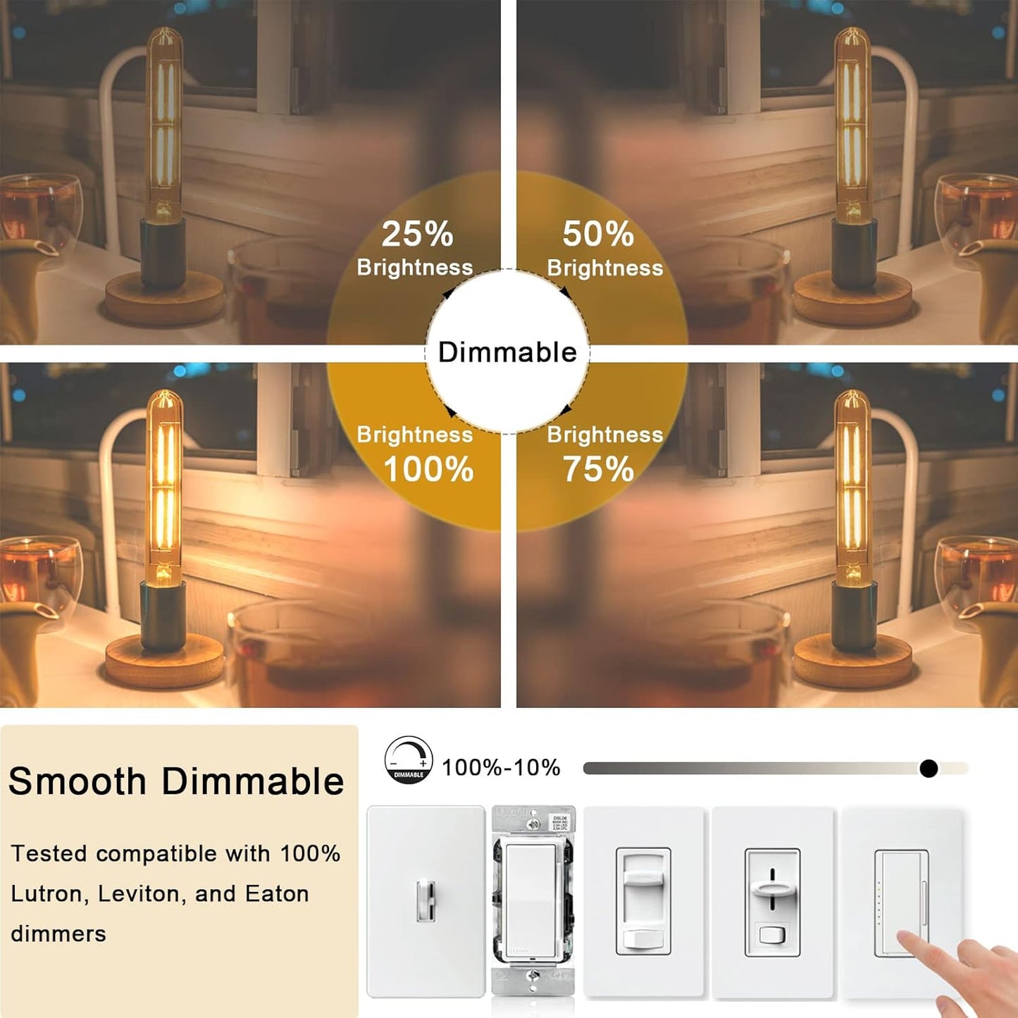 7.3 Inch E26 Led Bulb 6W Dimmable, 2700k Soft White Edison Bulbs 800LM, Equal 80 Watt Tubular T10 T9 Long Clear Glass Light Bulb for Rustic Pendant Pipe Wall Sconces Chandeliers - 4Pack