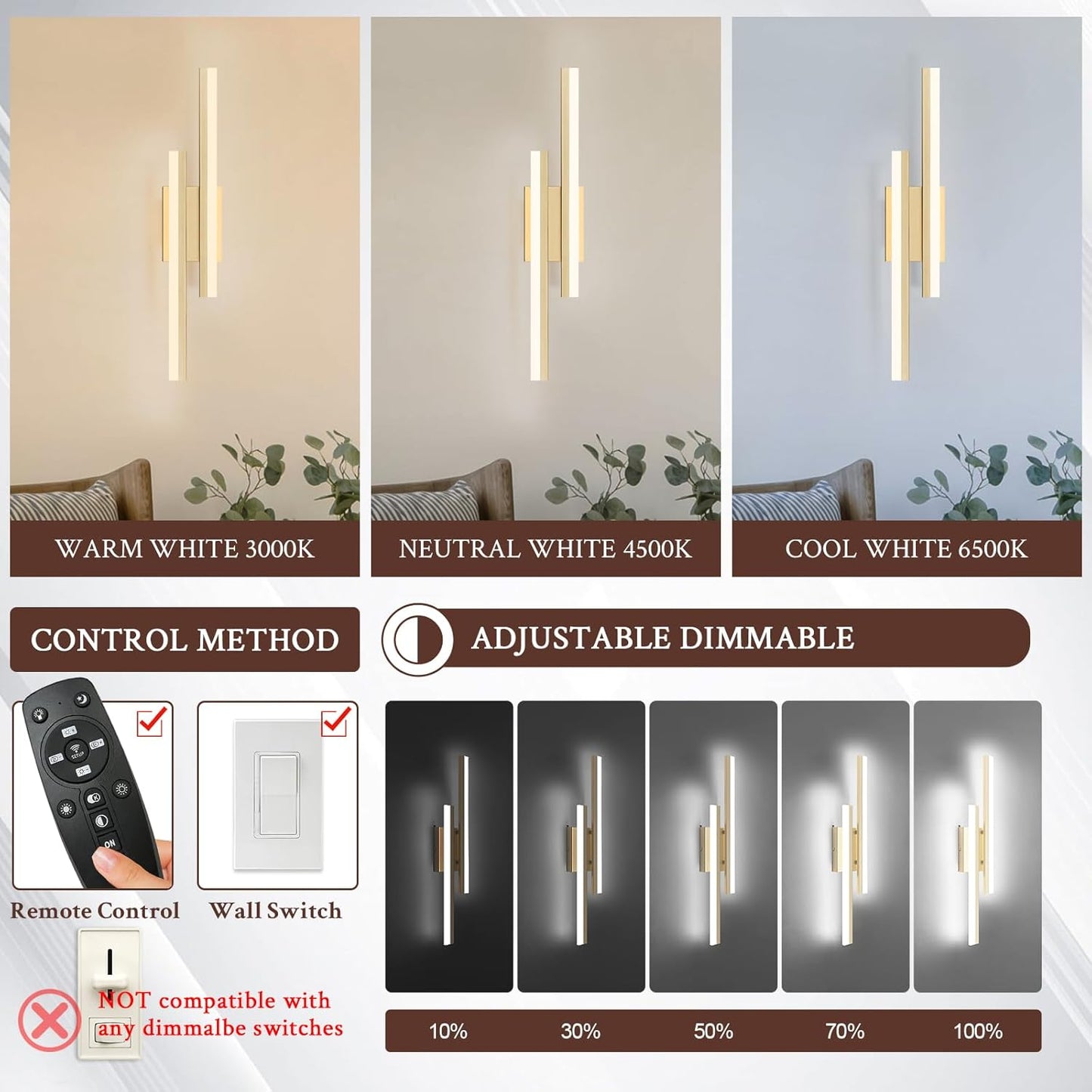 LED Wall Sconce Gold Modern Remote Wall Light Fixtures for Living Room, Dimmable LED Vanity Light Indoor Remote Wall Sconce for Bedside Bedroom Bathroom Dining Room, 23.6inch 1 Pack