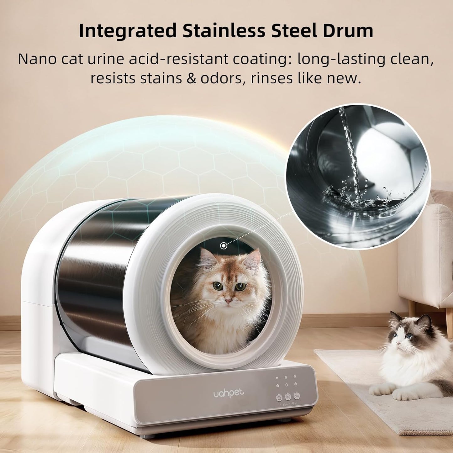 uahpet Stainless Steel Self Cleaning Cat Litter Box, Automatic Cat Litter Box with APP Control, Lower Entry, Safety Sensors Includes Mat & Trash Bags
