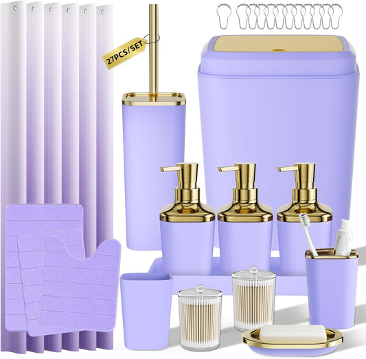 Bathroom Sets with Shower Curtain and Rugs, 27PC Bathroom Accessory Set, Purple Bathroom Set, Purple and Gold Bathroom Accessories Set with Trash Can, Toilet Brush and Soap Dispensers