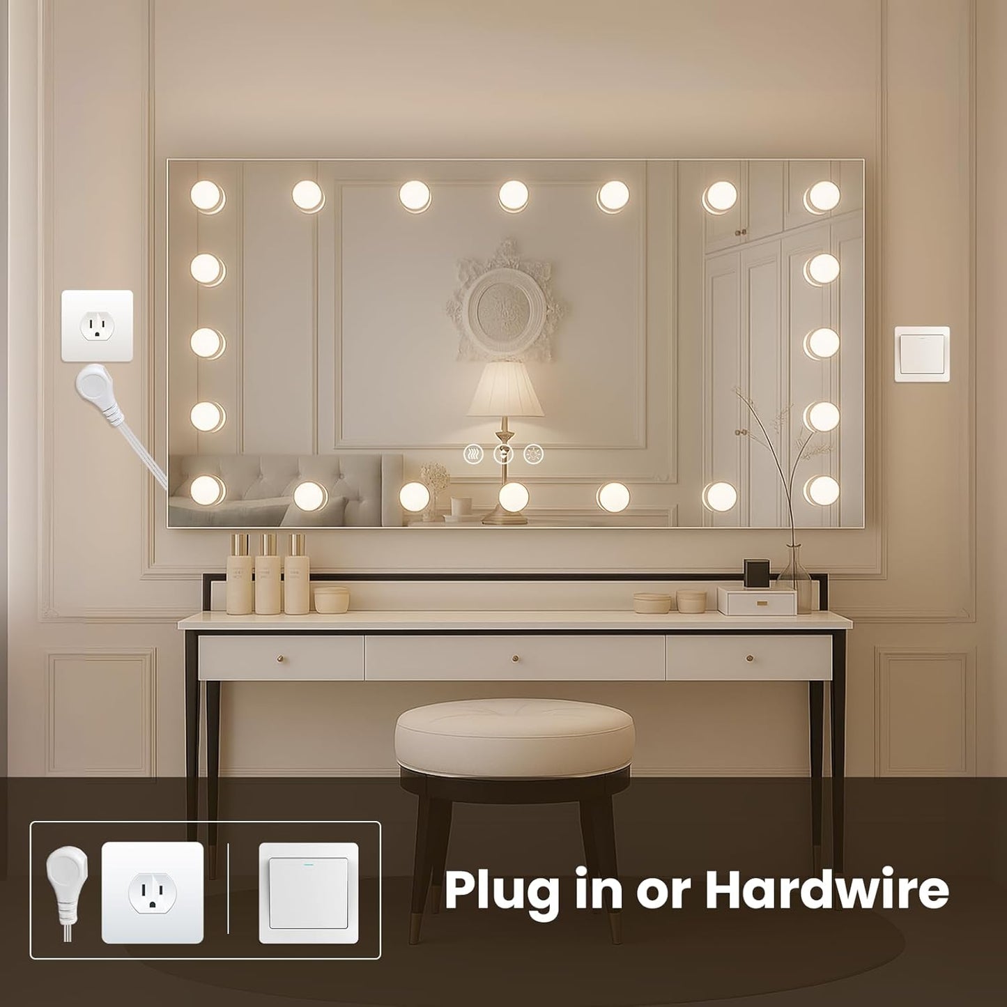 WTTY LED Bathroom Mirror with Lights 60"x36" Hollywood Wall-Mounted Mirror with 3 Color Temperatures, Stepless Dimmable Bulbs, Anti-Fog & Shatter-Proof