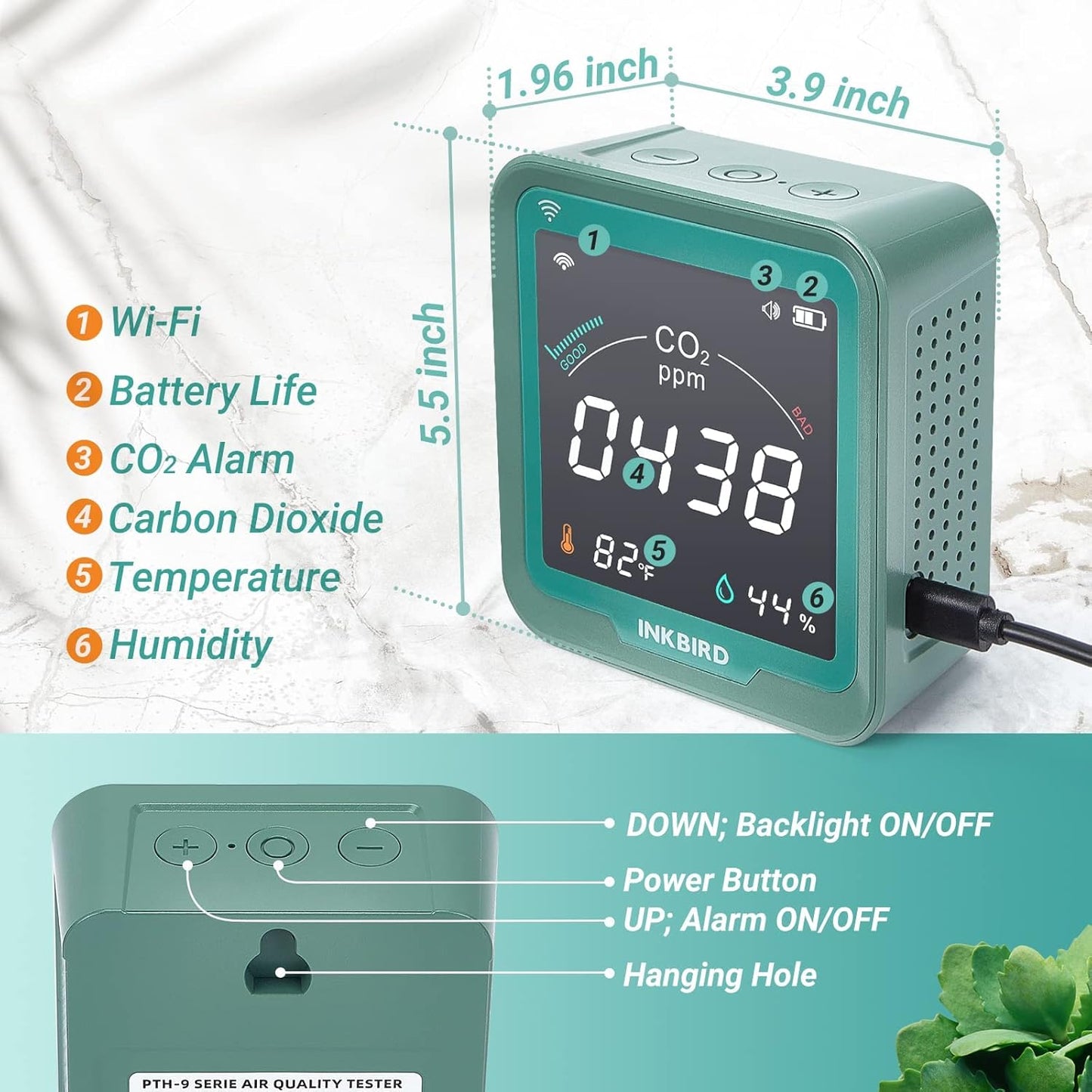 INKBIRD WiFi CO2 Detector Battery Powered | Smart CO2 Monitor NDIR Sensor and Data Logger | Carbon Dioxide & Temperature & Humidity Air Quality Monitor Indoor | for Home, Office, Grow Tent (INK-CO2W)