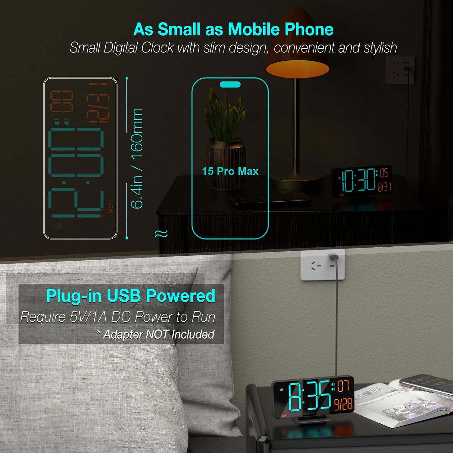 KOSUMOSU Alarm Clocks for Bedrooms, 6.7" Black Small Digital Clock LED, Desk Alarm Clock with Auto Dimming,Seconds, Day of Week, Indoor Temperature,Clocks for Living Room