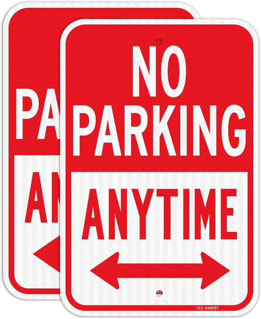 T&R (2 Pack) Large No Parking Anytime Sign, 18" x 12" Engineer Grade Reflective Sheeting, Rust Free Aluminum, Waterproof, Fade Resistant, 2 Pre-drilled Holes