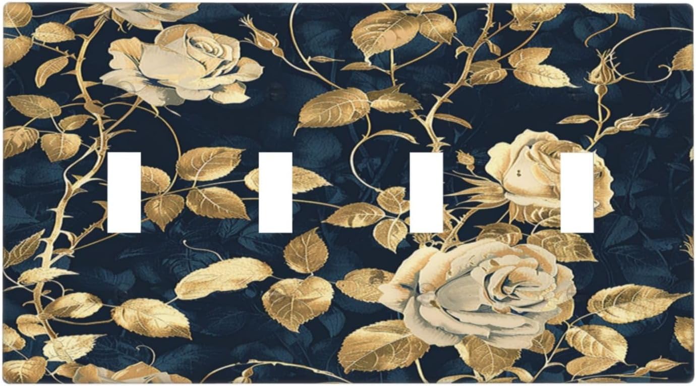 Light Switch Covers Boho Vintage Floral Golden Flower Dark Blue Background Quad Toggle Electrical Faceplate 4 Gang Wall Plate Decorative Switch Plates for Bedroom living Room Decor