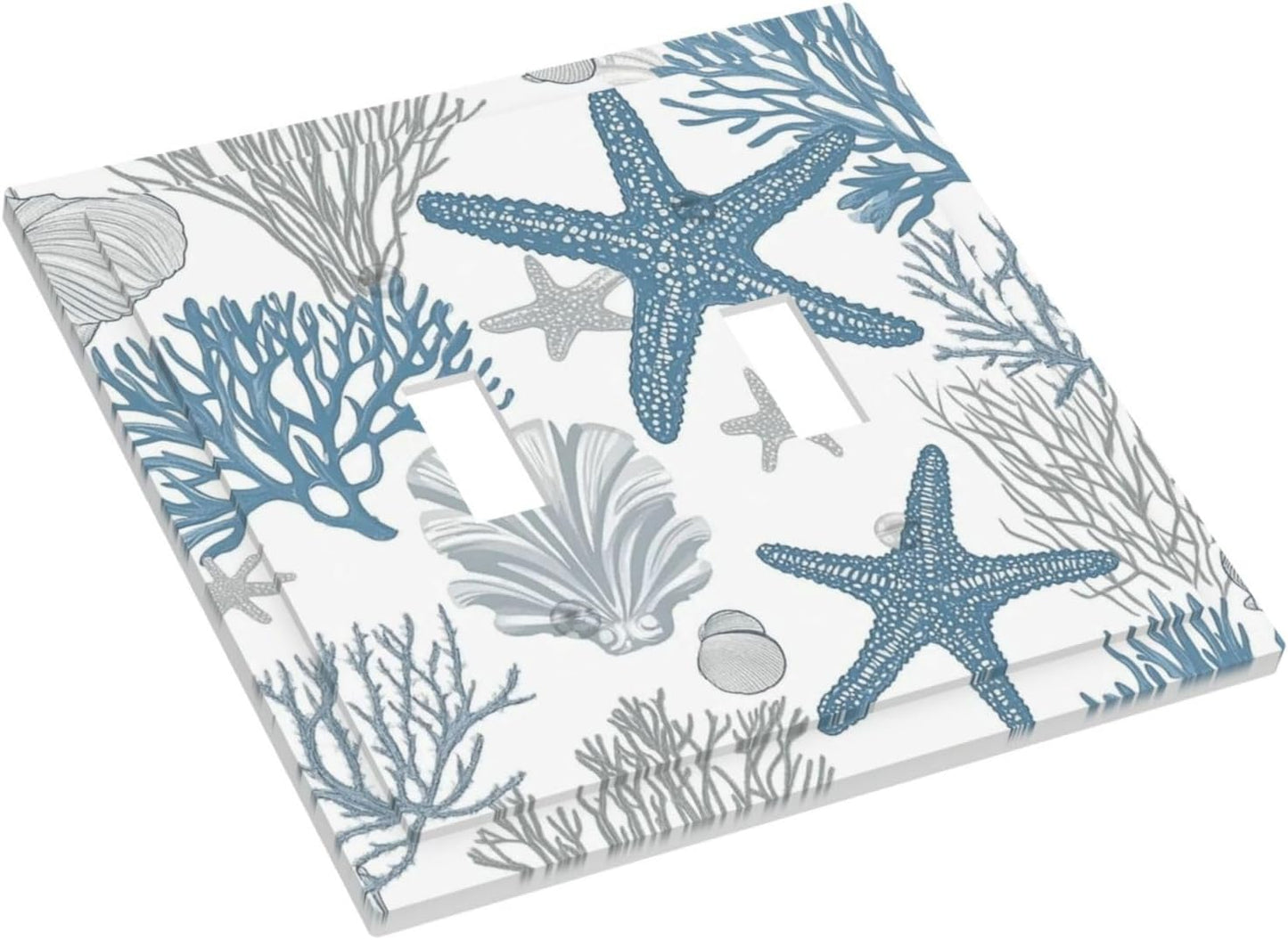 Blue Starfish Nautical Beach Conch Coastal Coral Shell Decorative Switch Plates 2 Gang Double Toggle Outlet Light Switch Cover Wall Plate Electrical Faceplate For Kids Room Bathroom Decor