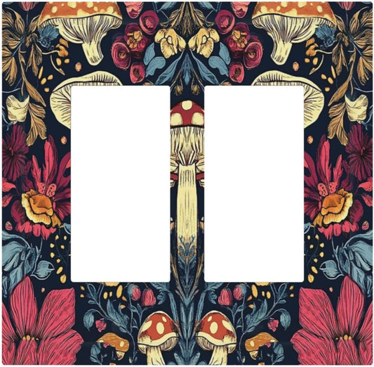 Decorative Outlet Covers Coloful Red Yellow Orange Magical Mushroom Forest 2 Gang Double Rocker Light Switch Cover Plate Electrical Switch Plate Cover Decorate GFCI Wall Plate for Bedroom Home Decor