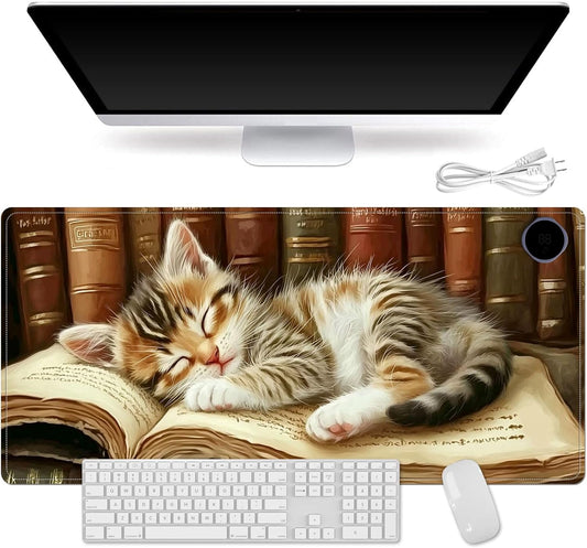 Small Heated Desk Pad 23.6" x 14.2" – Compact Electric Mouse Pad with 3 Heating Levels, Auto Shut-Off, Waterproof PU Surface, Plug-in Warmer for Office or Home Use, Kitten on Book
