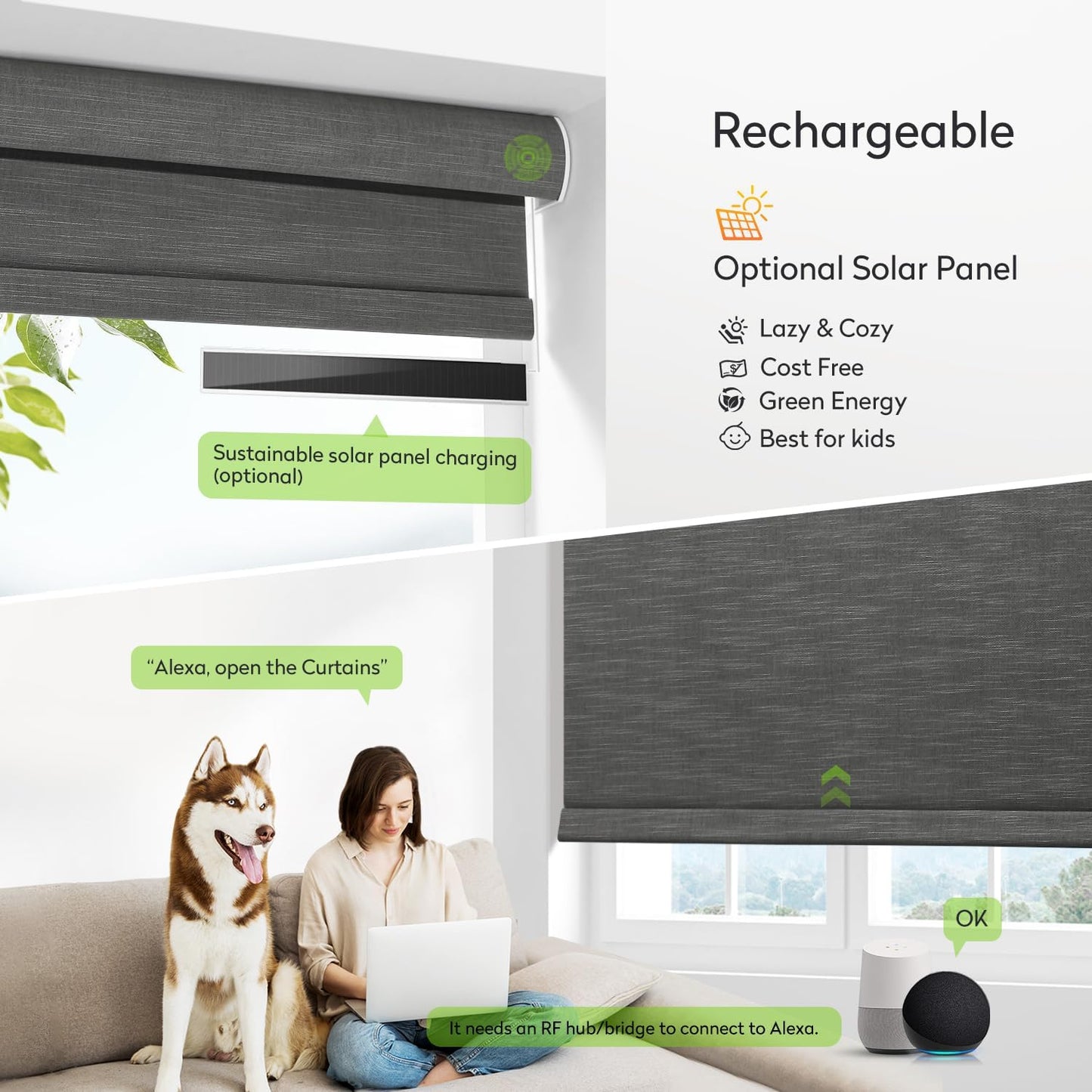ZSTARR Motorized Blackout Roller Blinds with Remote Control,Rechargeable Smart Window Shades Compatible with Alexa Google via Hub,Fabric Wrapped Valance, Custom Size (Cement Gray)