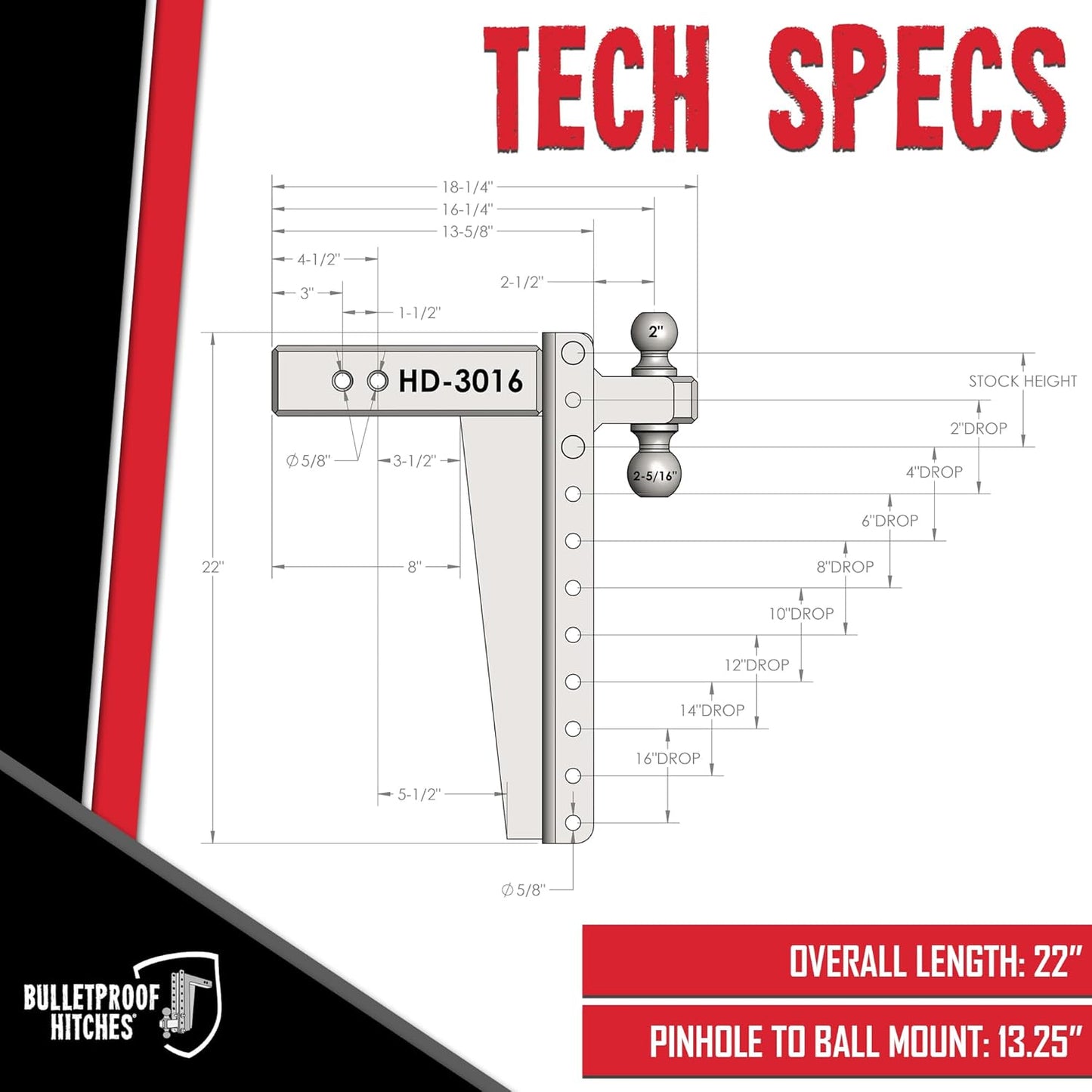 BulletProof Hitches - 3.0" Adjustable Heavy Duty Trailer Hitch (22,000 lb. Rating) - 16" Drop/Rise Trailer Hitch with 2" & 2-5/16" Dual Ball - Powder Coat, Solid Steel, Corrosion-Resistant