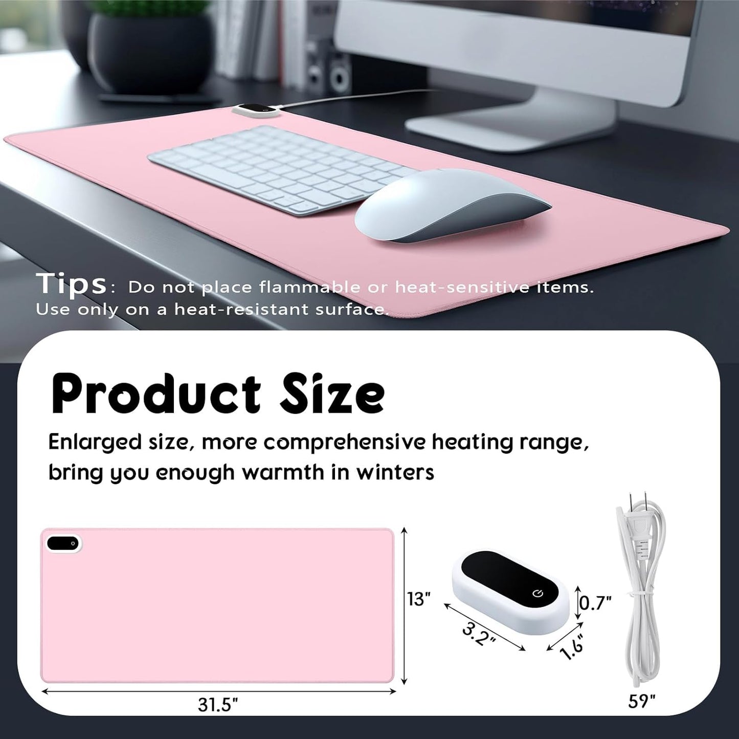 Konohan Heated Large Desk Mat PU Leather Warm Mouse Pad with 5 Heating Level & 4 Hour Auto Shut-Off Heating Keyboard Pad Warmer Gaming Mice Mat Only Supports 110v(Pink Color,31.5" X 13")