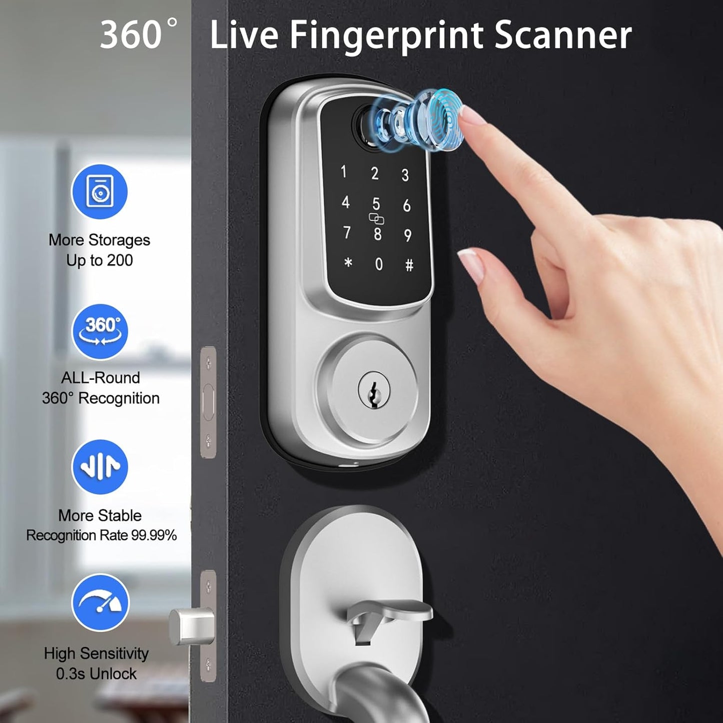Keyless Entry Door Lock with Handle Set, Keyless Entry Deadbolt with Handle Set, Smart Locks for Front Door Alexa Fingerprint Auto Lock,Silver