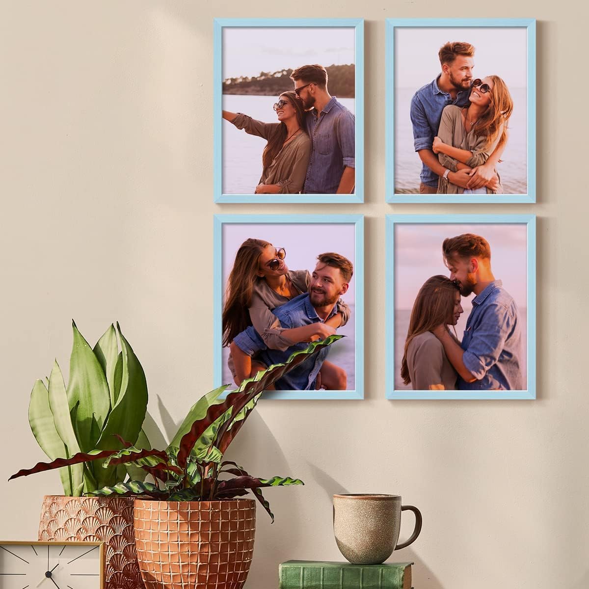Renditions Gallery Set of 4, 11X14 Custom Photo Prints with Real Wood Picture Frames. Create Personalized Photos with Peel & Stick Photo Frames. Blue Frame