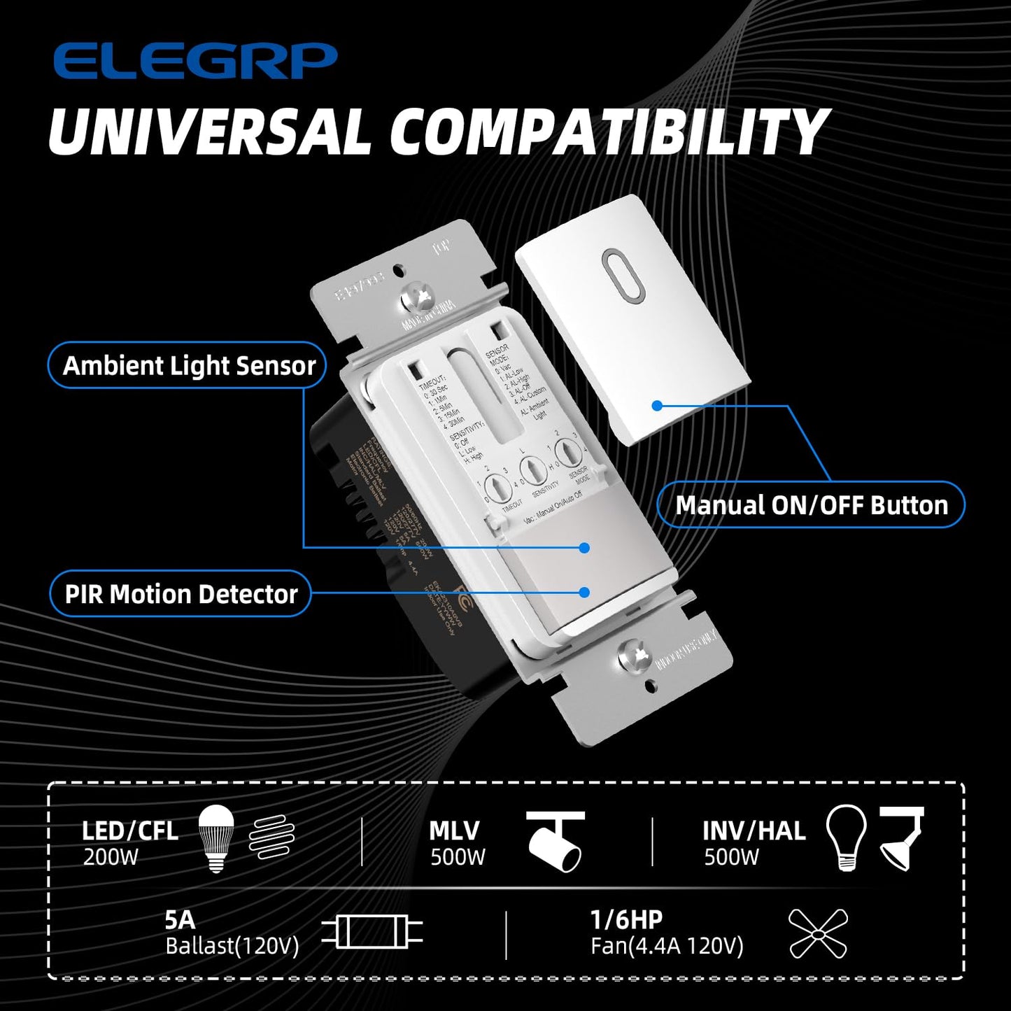 ELEGRP Matte White Single Pole Occupancy Motion Sensor Light Switch, Need Neutral Wire, 120° Sensor Coverage PIR Infrared Motion Activated, for CFL/LED/MLV/INC/HAL/Fan, UL,10 Pack