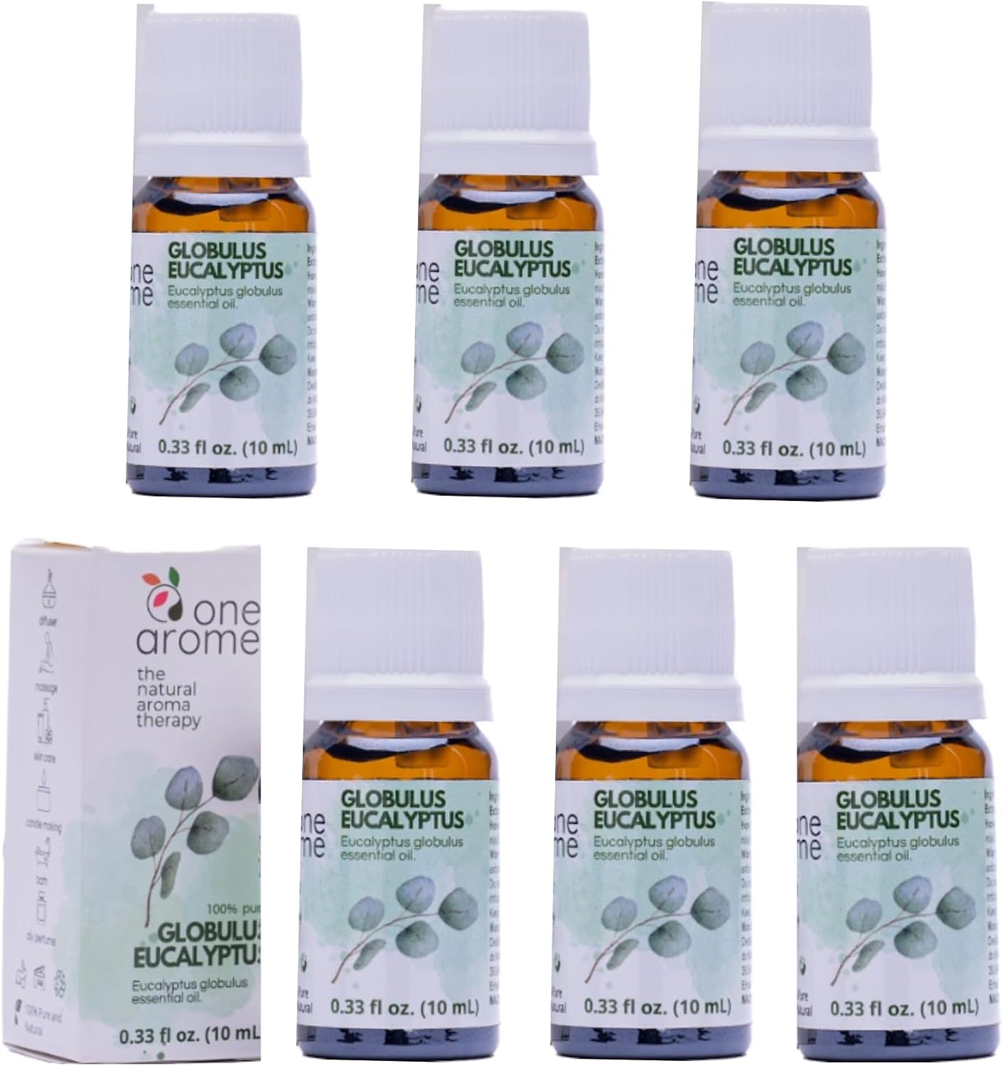 Eucalyptus Globulus Essential Oil by One Arome – Pure, Undiluted & Steam-Distilled Herbal Aroma for Diffusers for Home, Massage (Dilute), Cleaning & Linen Refresh (Pack of 6 × 0.34 fl oz)